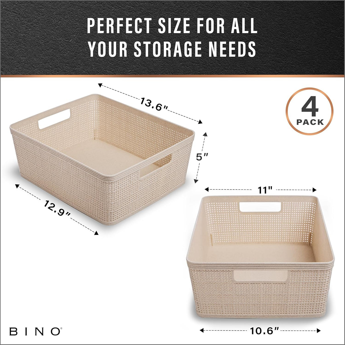 BINO - Woven Plastic Basket, Medium (Natural), 4-Pack, The Jute Collection, Home Organization