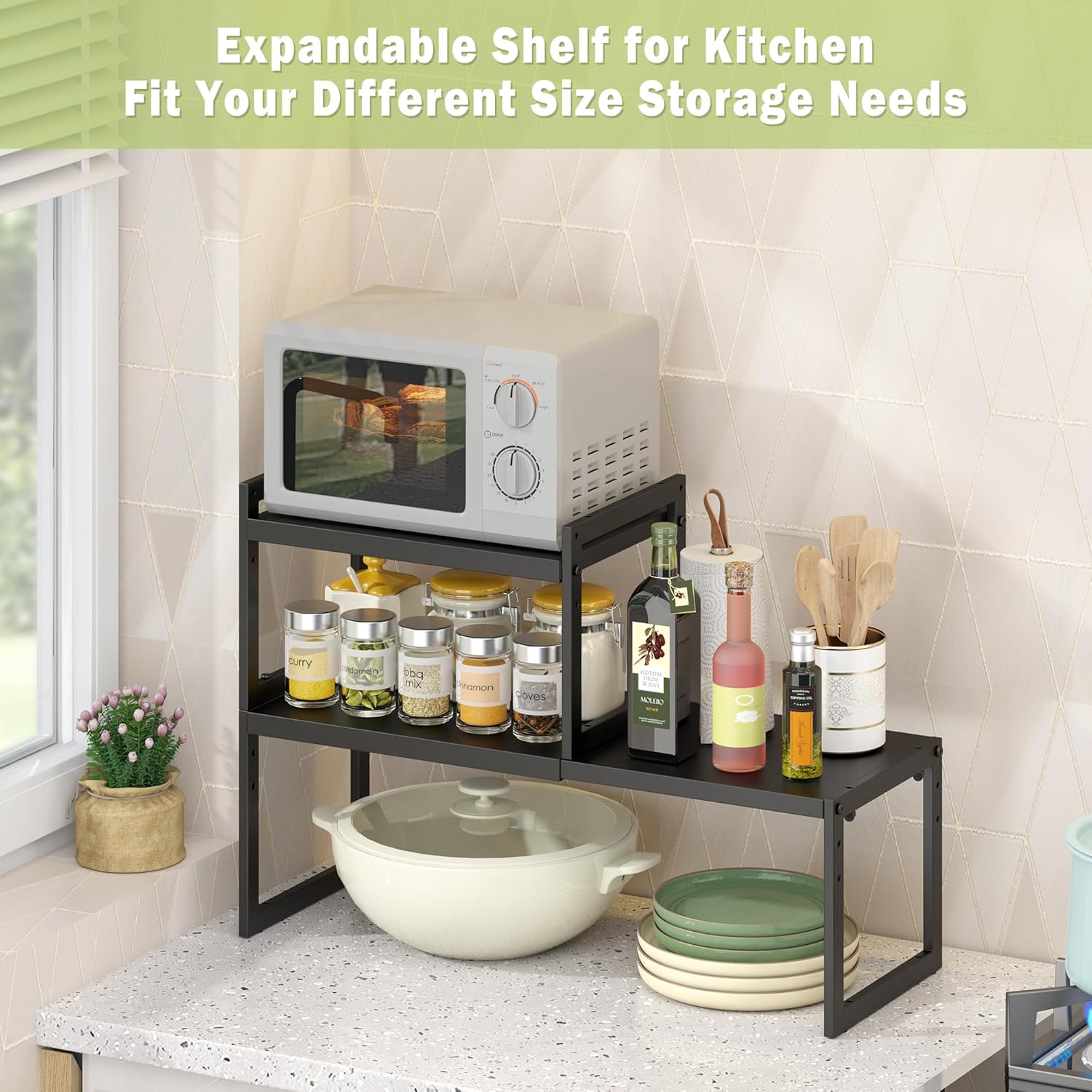 DOLALIKE Expandable kitchen Countertop Organizer, Stackable Cabinet Shelf Organizers, Space Saving