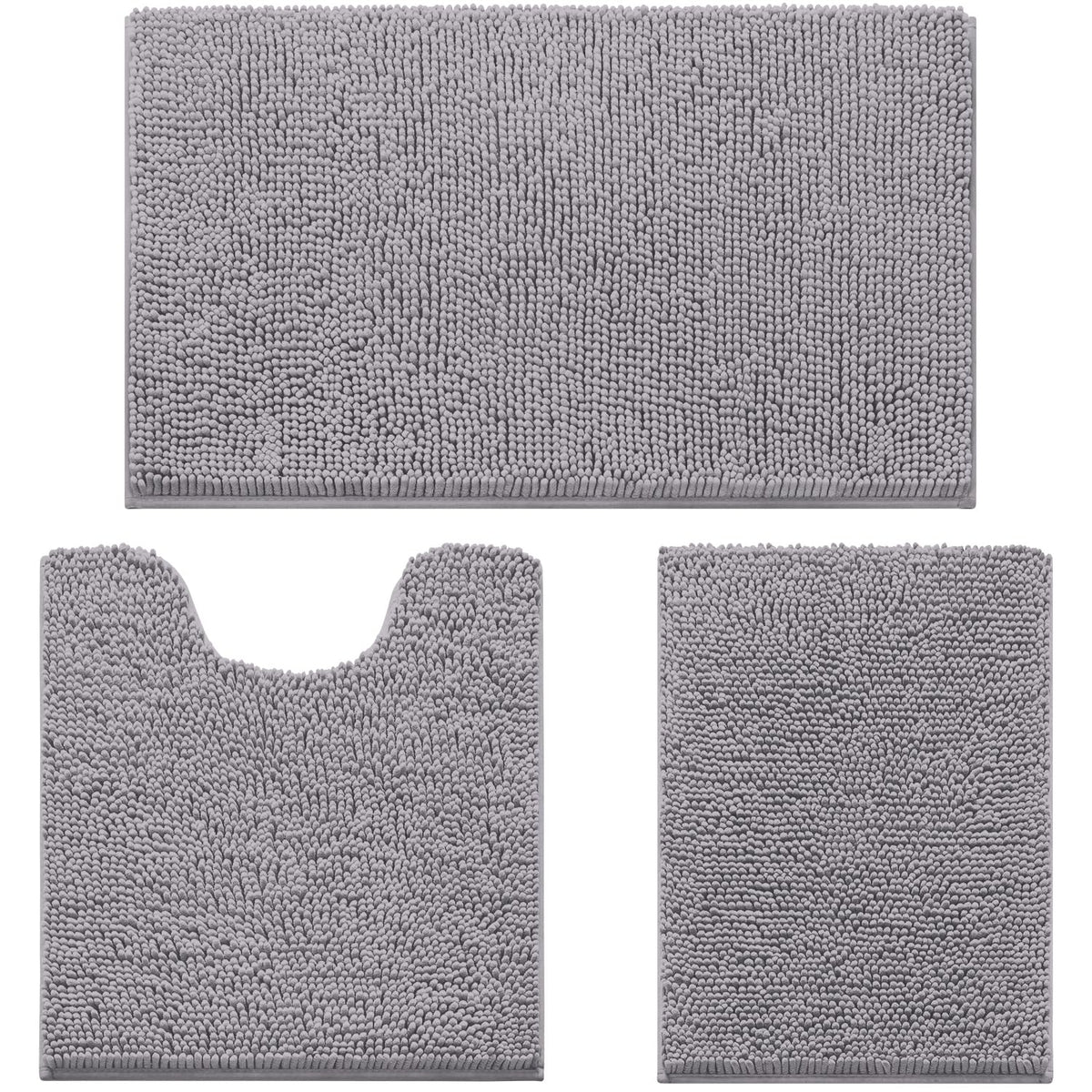 HOMEIDEAS Grey Chenille Bathroom Rugs Set of 3, Non Slip Bath Mat