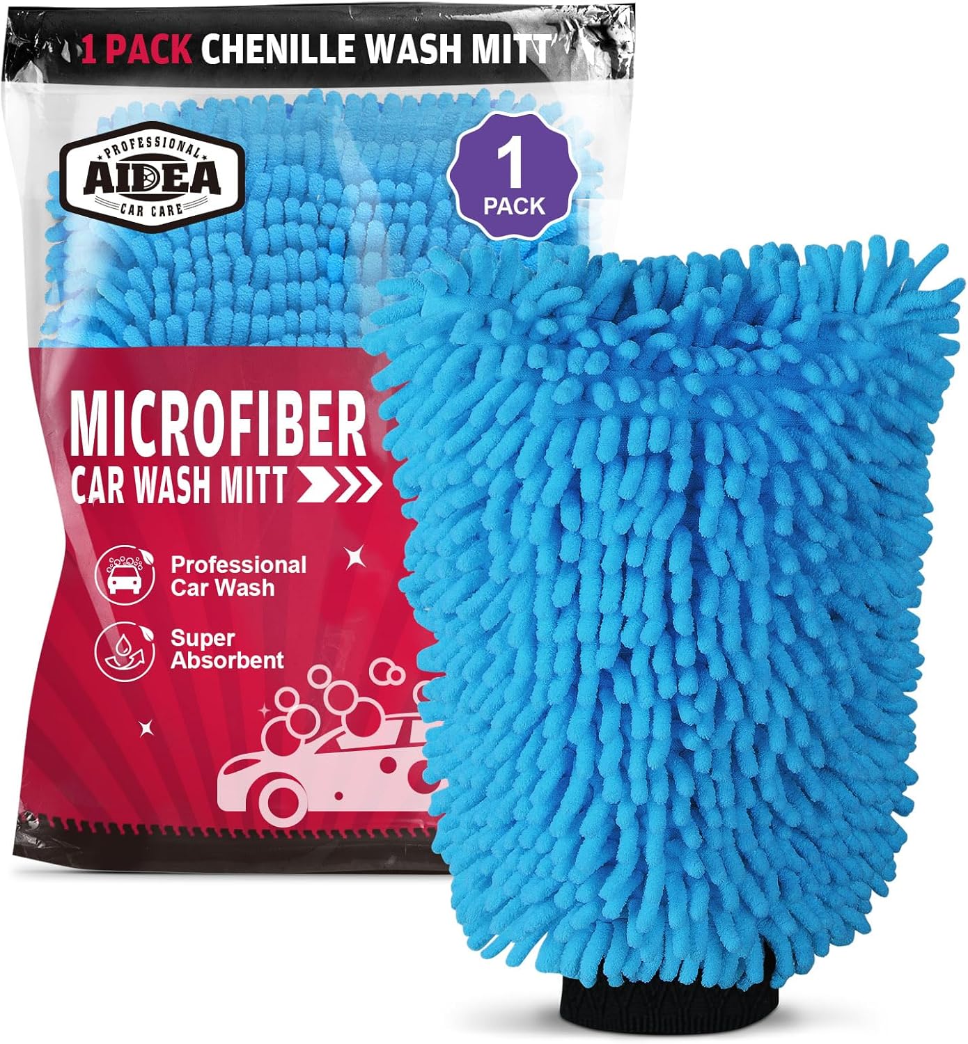 AIDEA Car Wash Mitt Microfiber, 1PK Scratch Free Lint-Free, Premium Chenille Microfiber Sponge Mitt