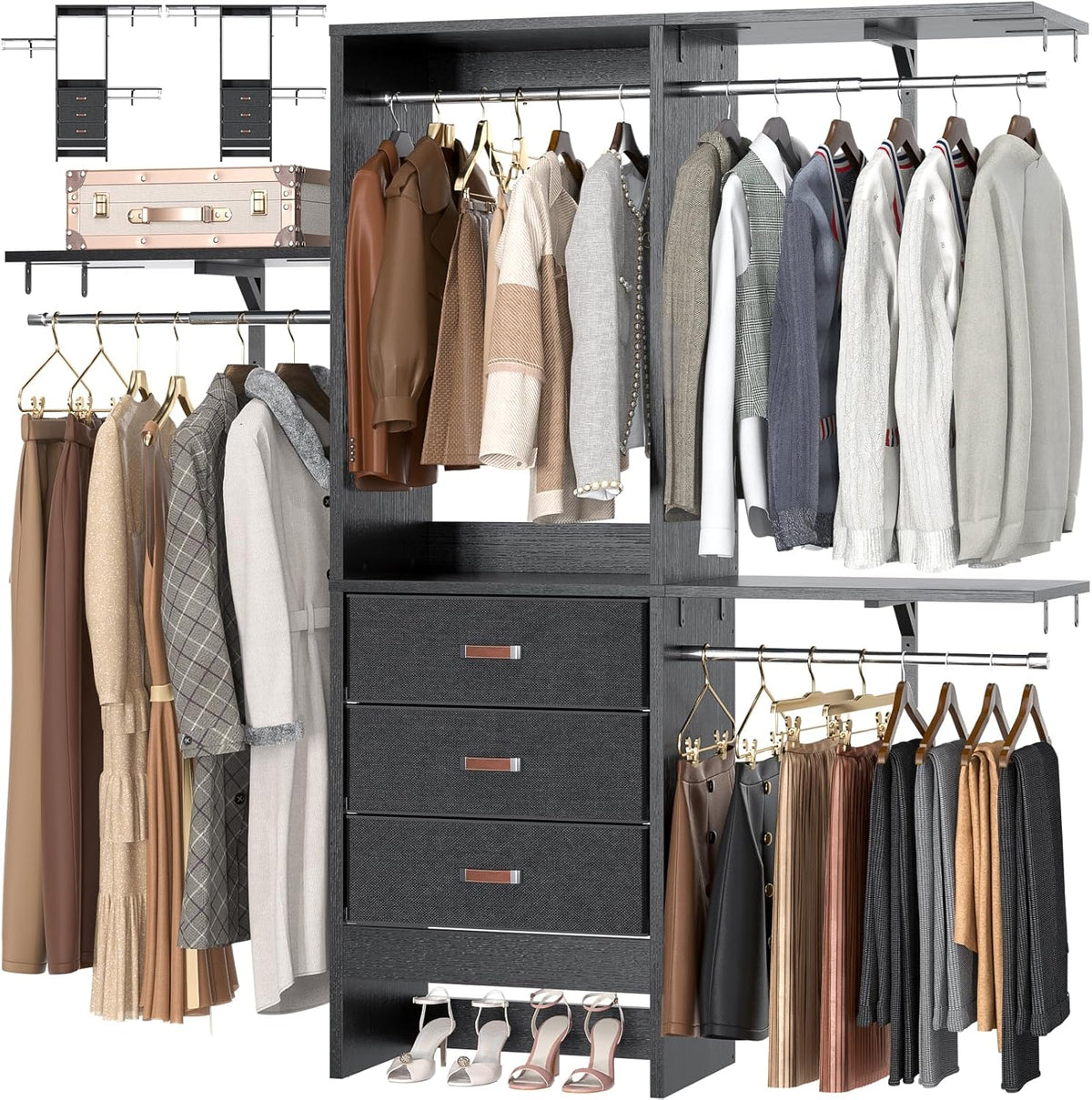 Armocity 5FT Small Closet System with 3 Fabric Drawers, 60 Inches Walk In Closet Organizer System