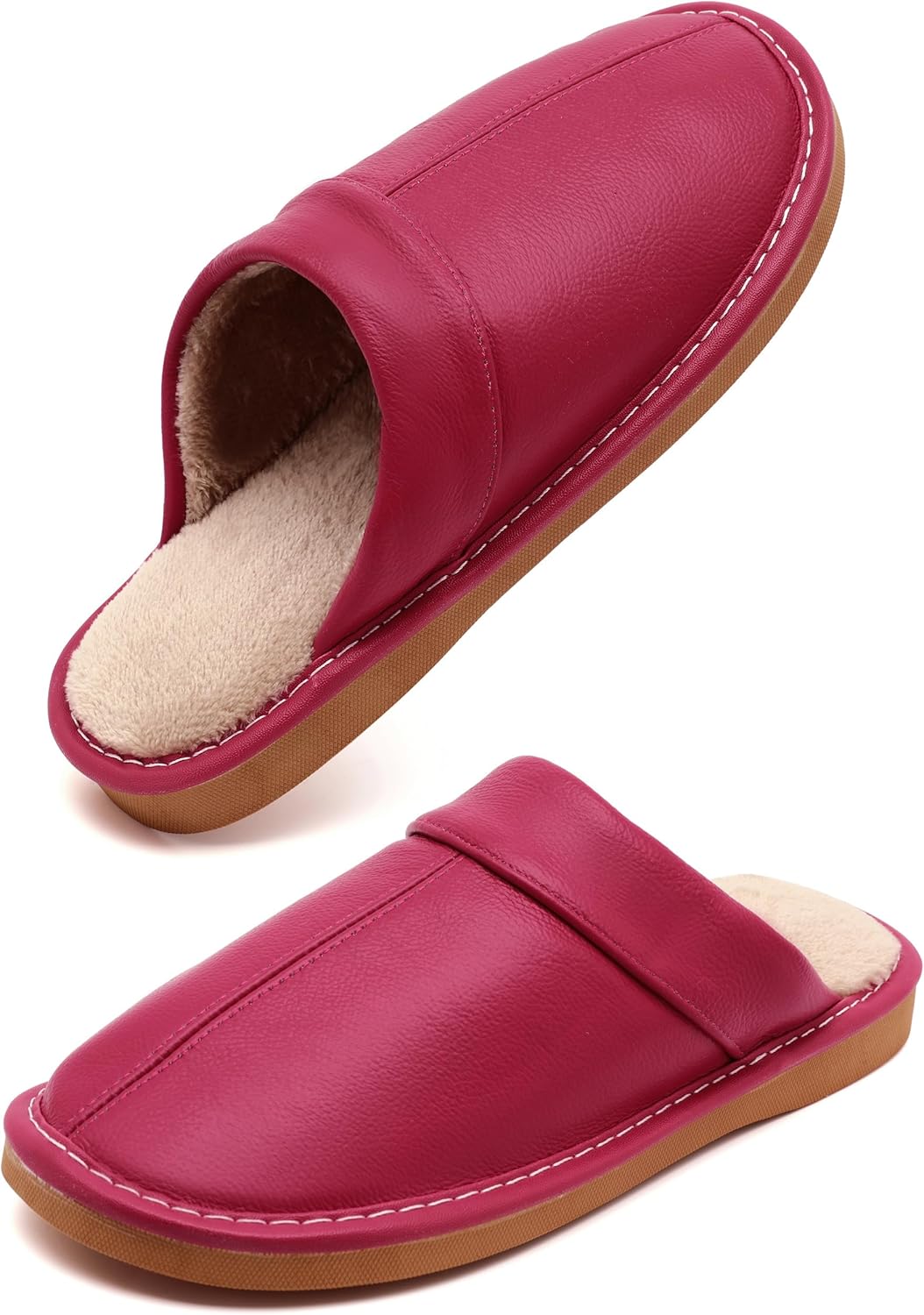 Slippers for Women Men, Genuine Leather Slippers Indoor Outdoor, Fuzzy Bedroom House Shoes for