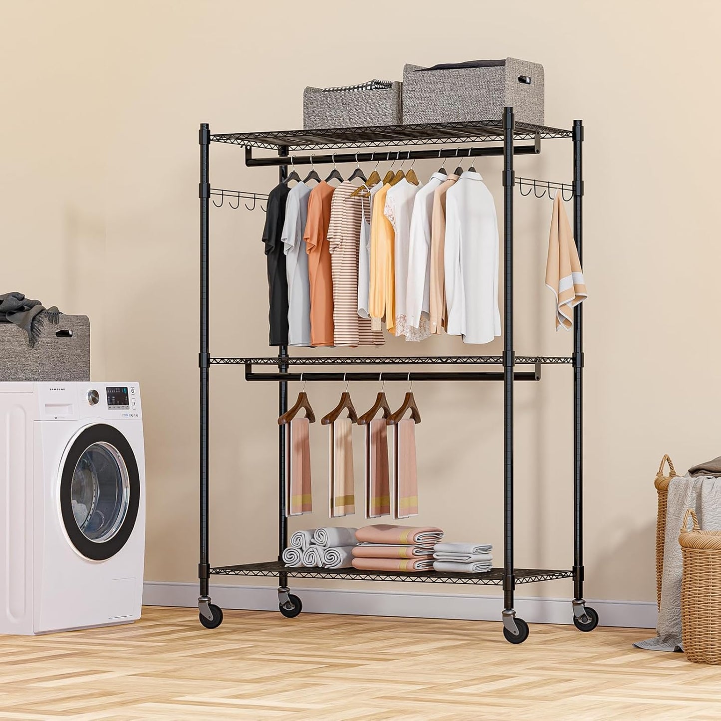 Homdox 3 Tier Heavy Duty Garment Rack with Wheels, Adjustable Wire Clothes Rack with Double Hanging