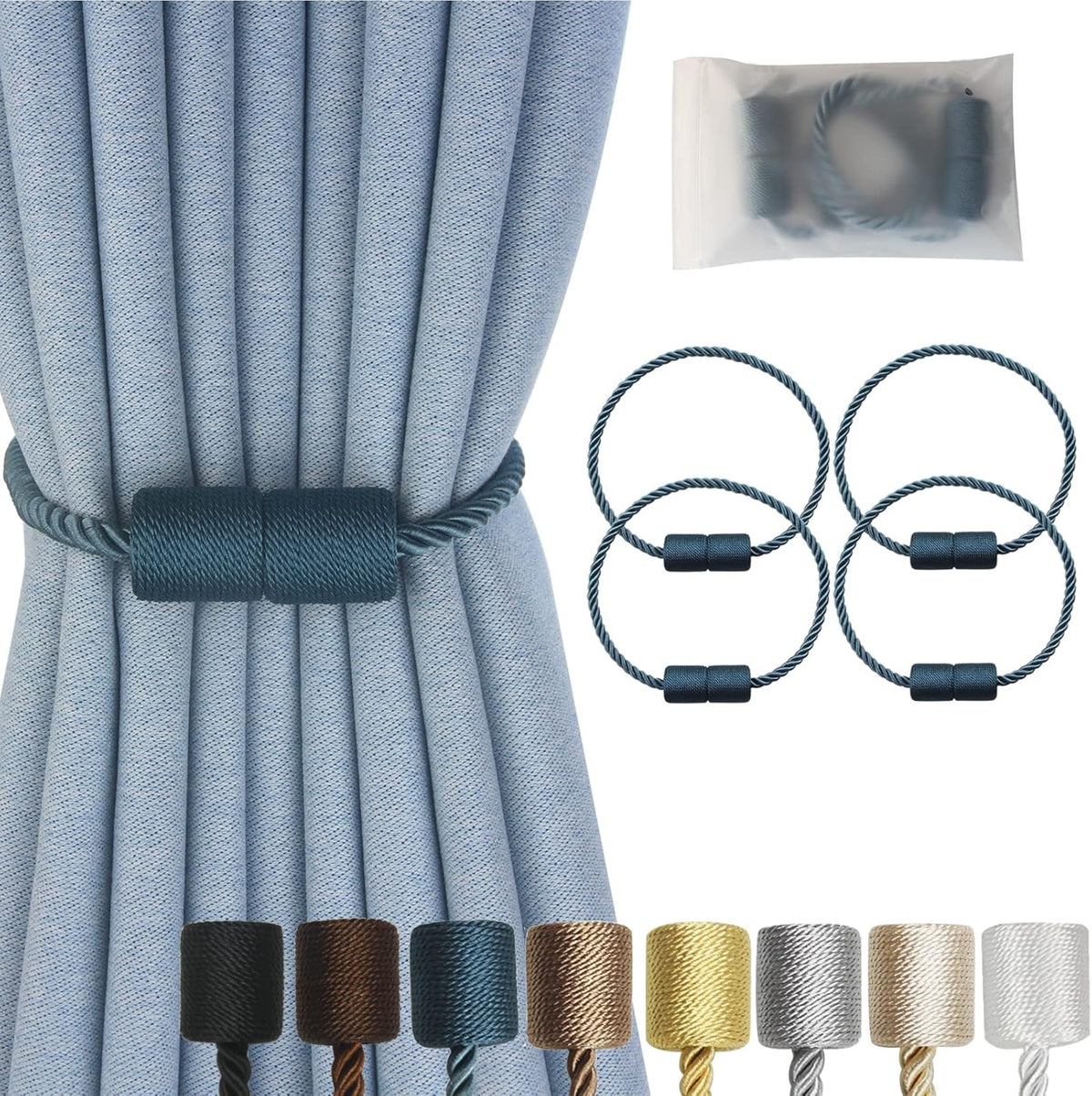 Magnetic Curtain Tiebacks 4 Pack Blue Curtain Rope Tieback Curtain Holders for Drapes Modern Tie