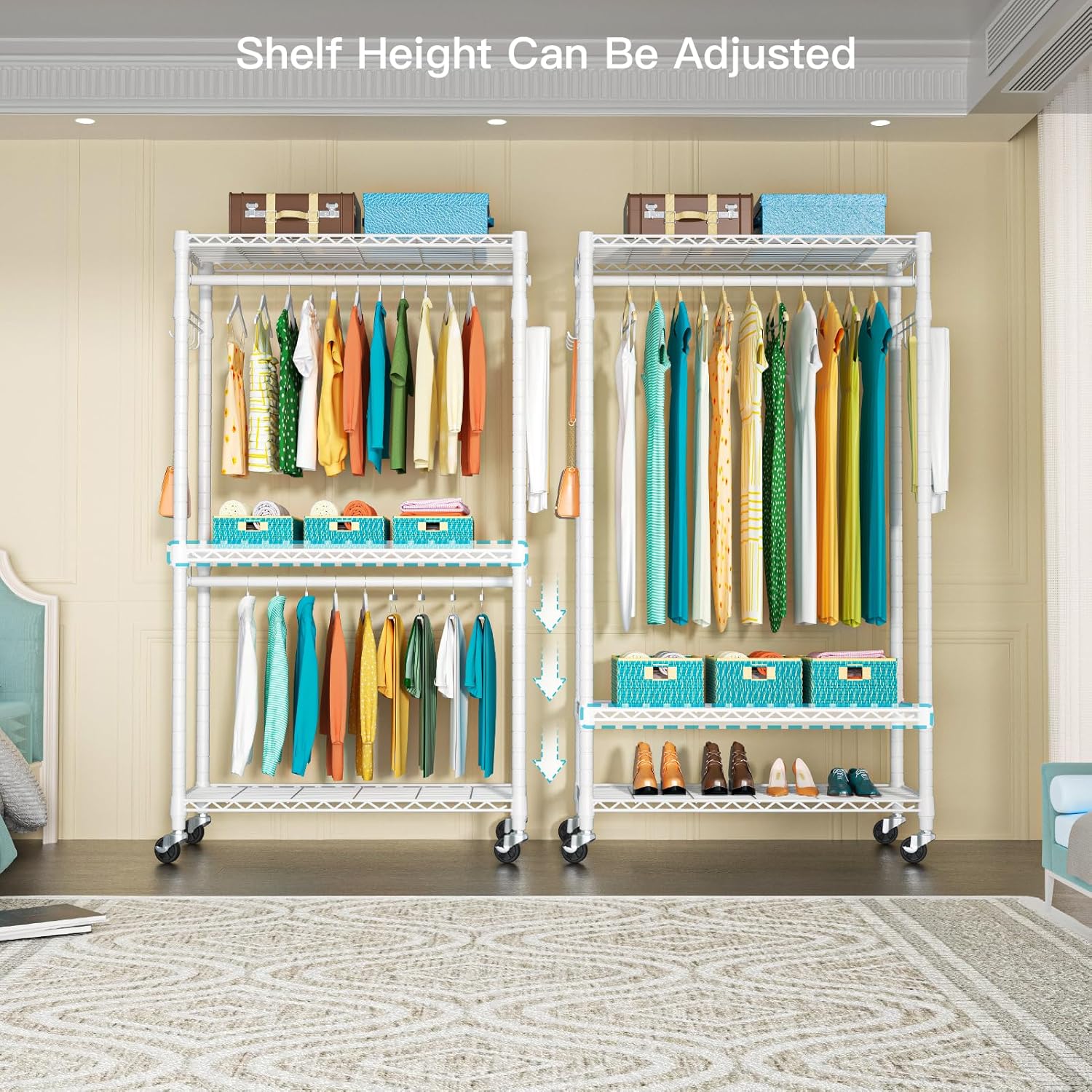 FUTASSI P1 Heavy Duty Garment Rack, 3 Tiers Adjustable Rolling Metal Closet Organizer with Lockable