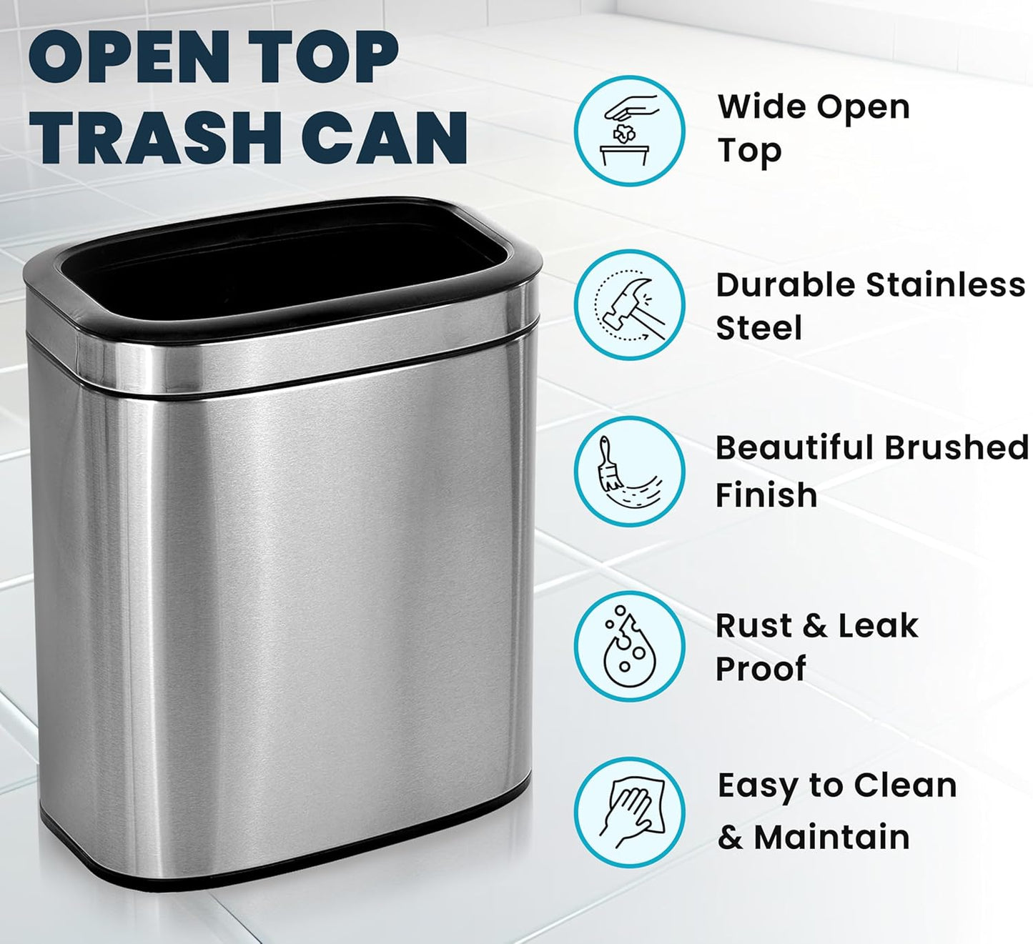 Alpine Stainless Steel Open Top Trash Can 5 Gallon - 20L Garbage Can for Kitchen, Bathroom, Office