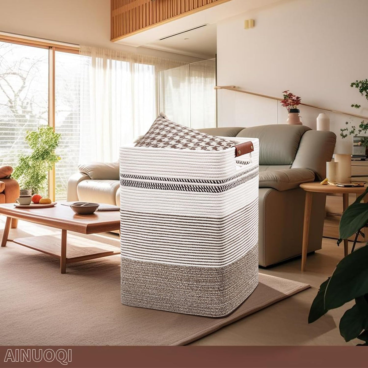 Laundry Hamper - Tall Woven Rope Laundry Basket - Clothes hamper with Leather Handles, 17.8" X