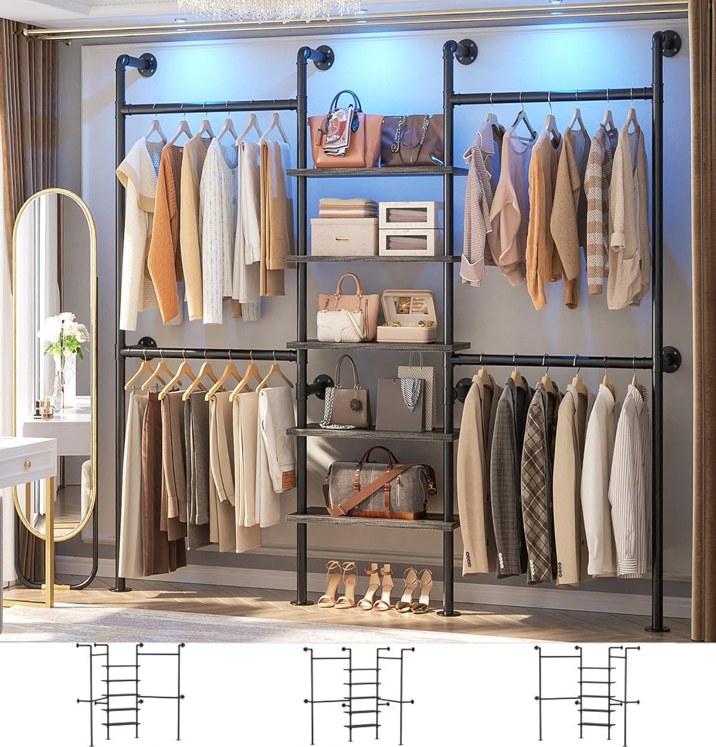 Aheaplus Industrial Pipe Clothing Rack, Reversible 6.42FT Clothes Rack for Hanging Clothes, Heavy