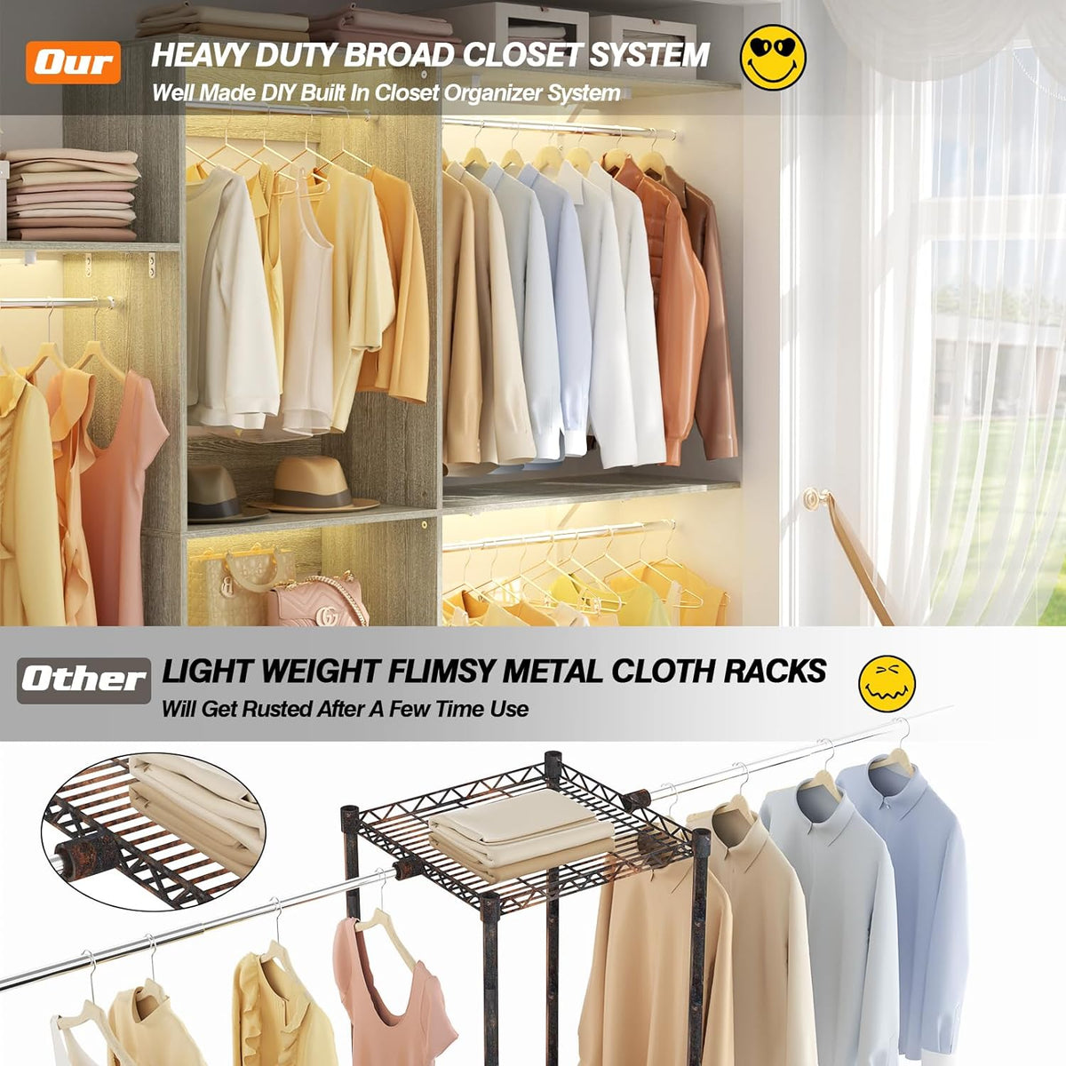 8FT Closet System with Shelves, 96'' Closet Organizer System with 3 Hanging Rods, Wall Mount