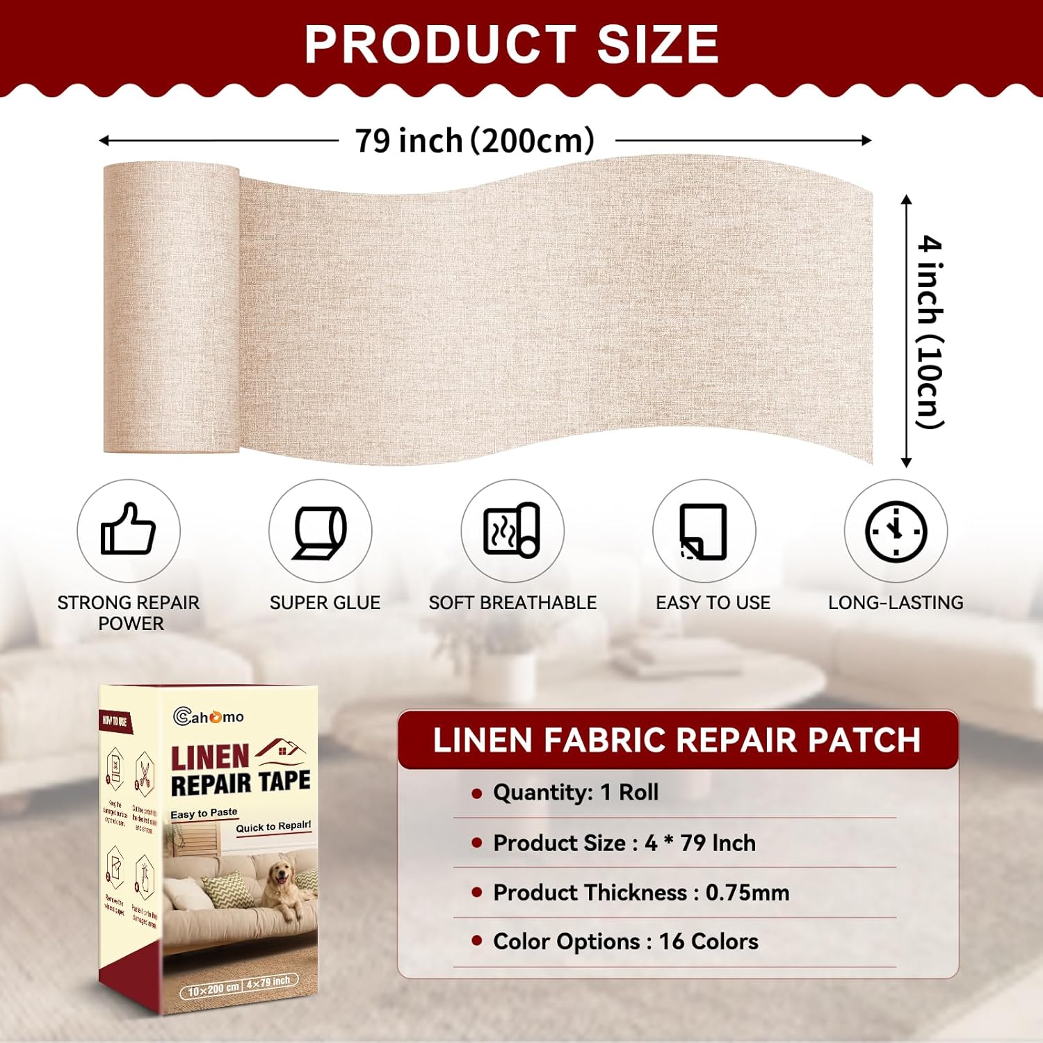 Linen Repair Tape 4x79 inch, Self Adhesive Fabric Patches, Linen Patch Tape Kit, Fabric Repair Tape