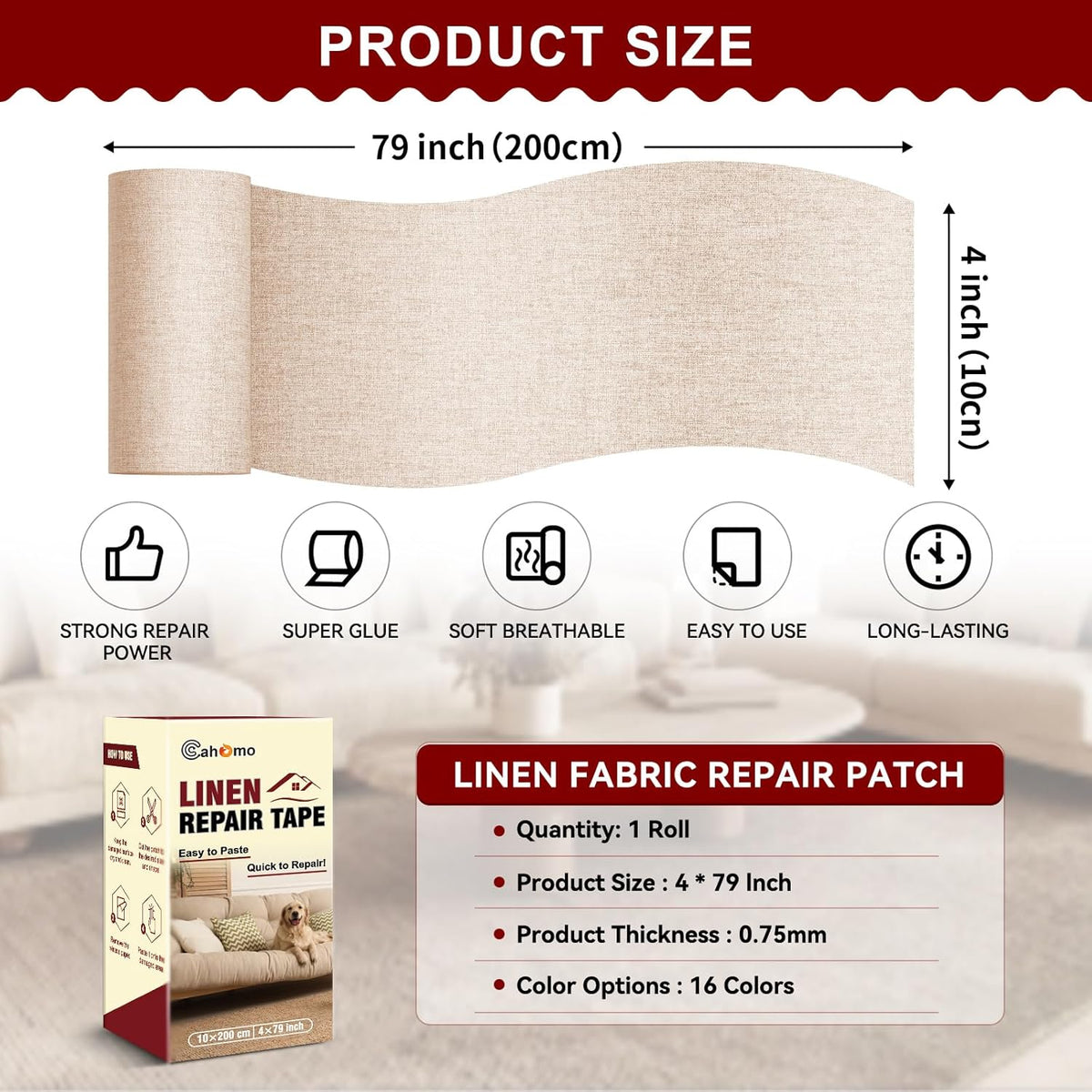 Linen Repair Tape 4x79 inch, Self Adhesive Fabric Patches, Linen Patch Tape Kit, Fabric Repair Tape