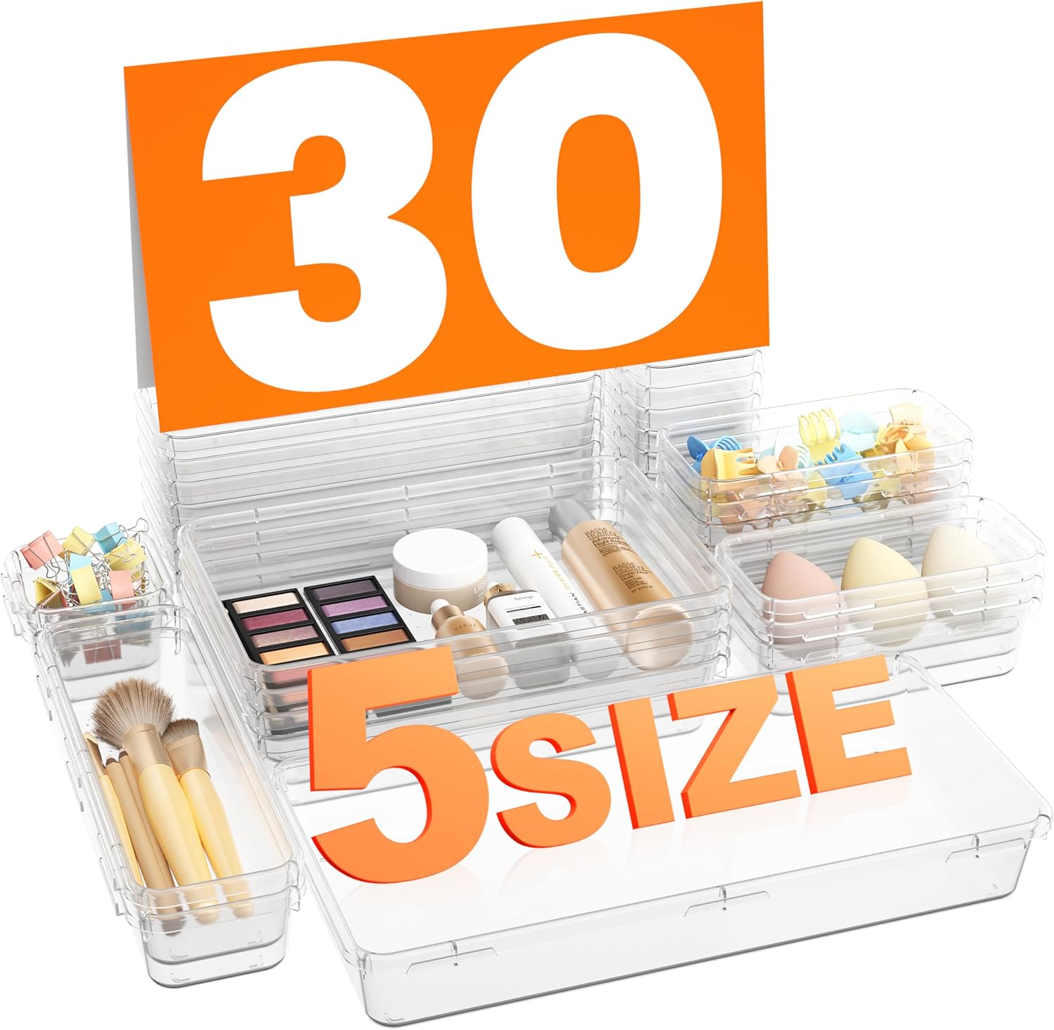 A-LuGei 【Military Grade】 Drawer Organizer, 【𝟱𝗦𝗶𝘇𝗲】 Clear Makeup organizer, 【Holds 177 Items】
