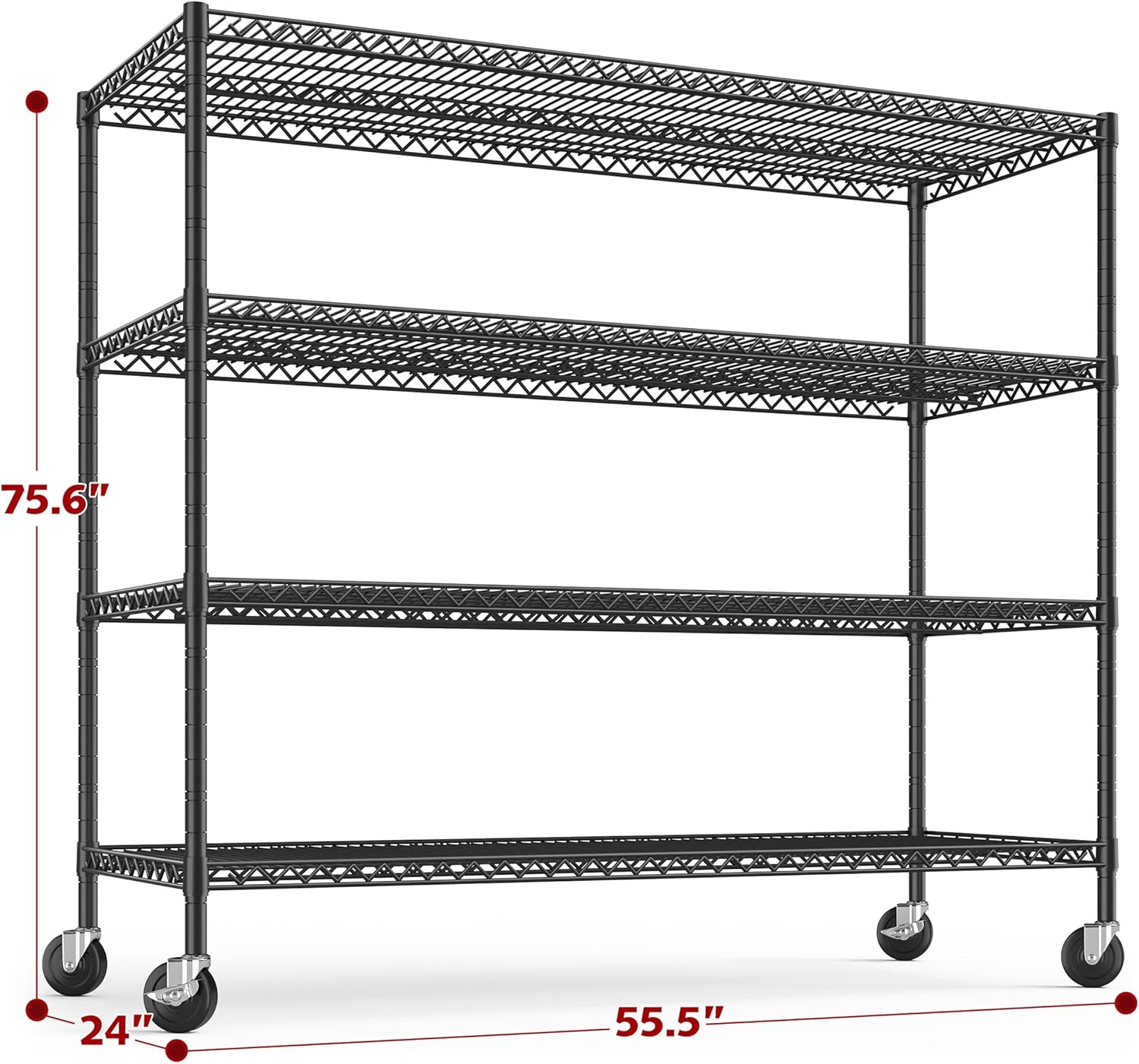 REIBII 55.5''W Storage Shelves 2500LBS Wire Shelving Rack with Wheels 75.6" H Heavy Duty Shelving