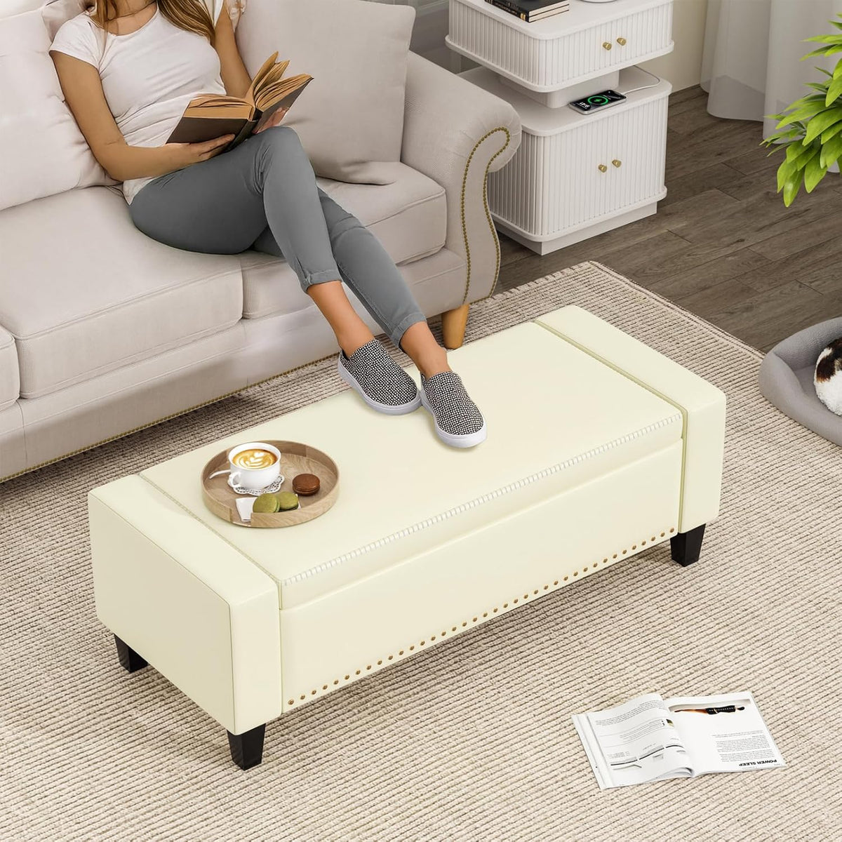 48.8" Storage Ottoman Bench Cream White | Faux Leather Bedroom Bench with Lift Top for Living Room