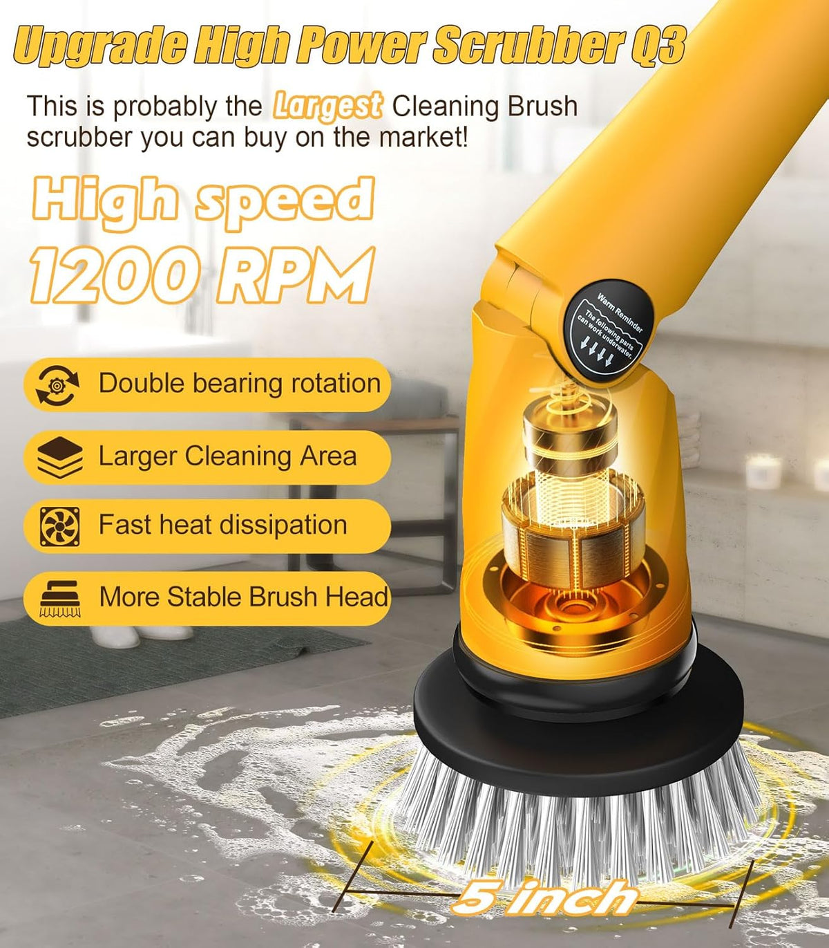 Qimedo Electric Spin Scrubber Extra Large Brush Q3,6000 mAh Best Battery Power Scrubber for