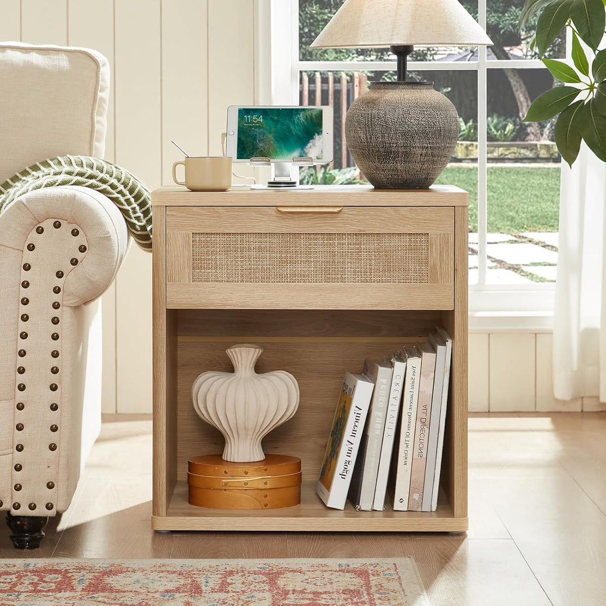 LEYAOYAO Rattan Nightstand with Charging Station, 23" Wide Boho Night Stand with Drawer, Natural