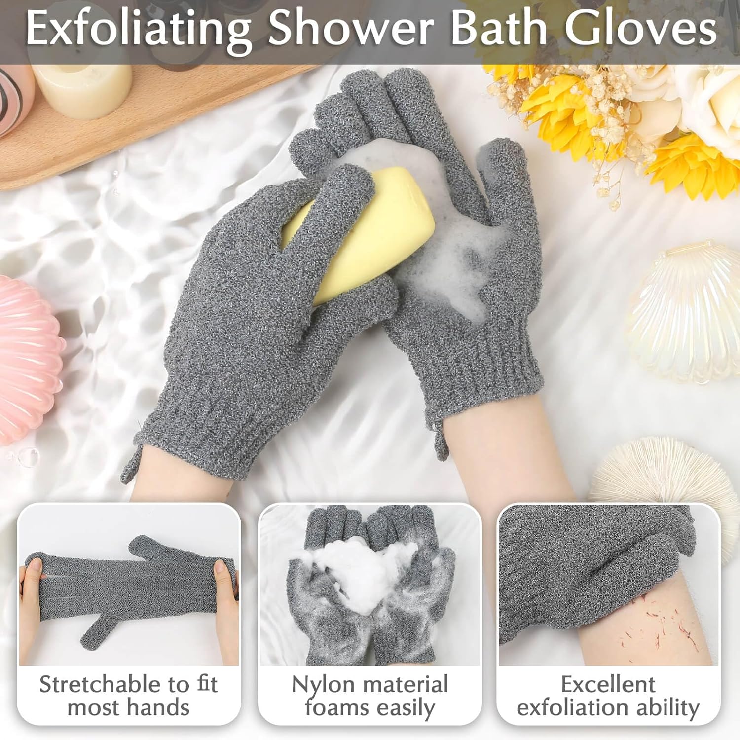 Anezus Exfoliating Back Scrubber Bath Gloves Set, Exfoliating Shower Towel with Shower Gloves for