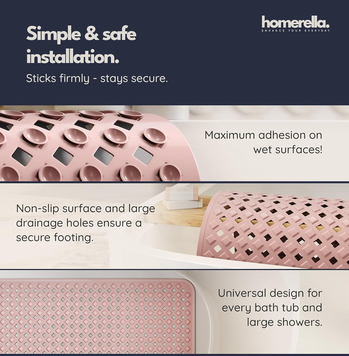 homerella® Bathtub Mat Non Slip 35x16, Incl. Hooks for Drying, Extra Long, 100% BPA Free, Shower