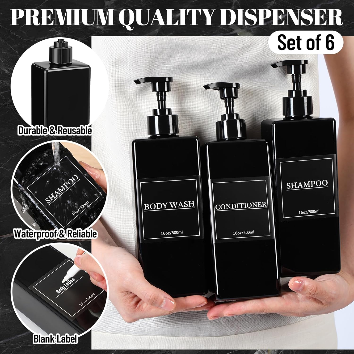 Tanlade 6 Pcs Shampoo and Conditioner Dispenser Bottles 16oz Modern Shower Soap Bottles with Pump