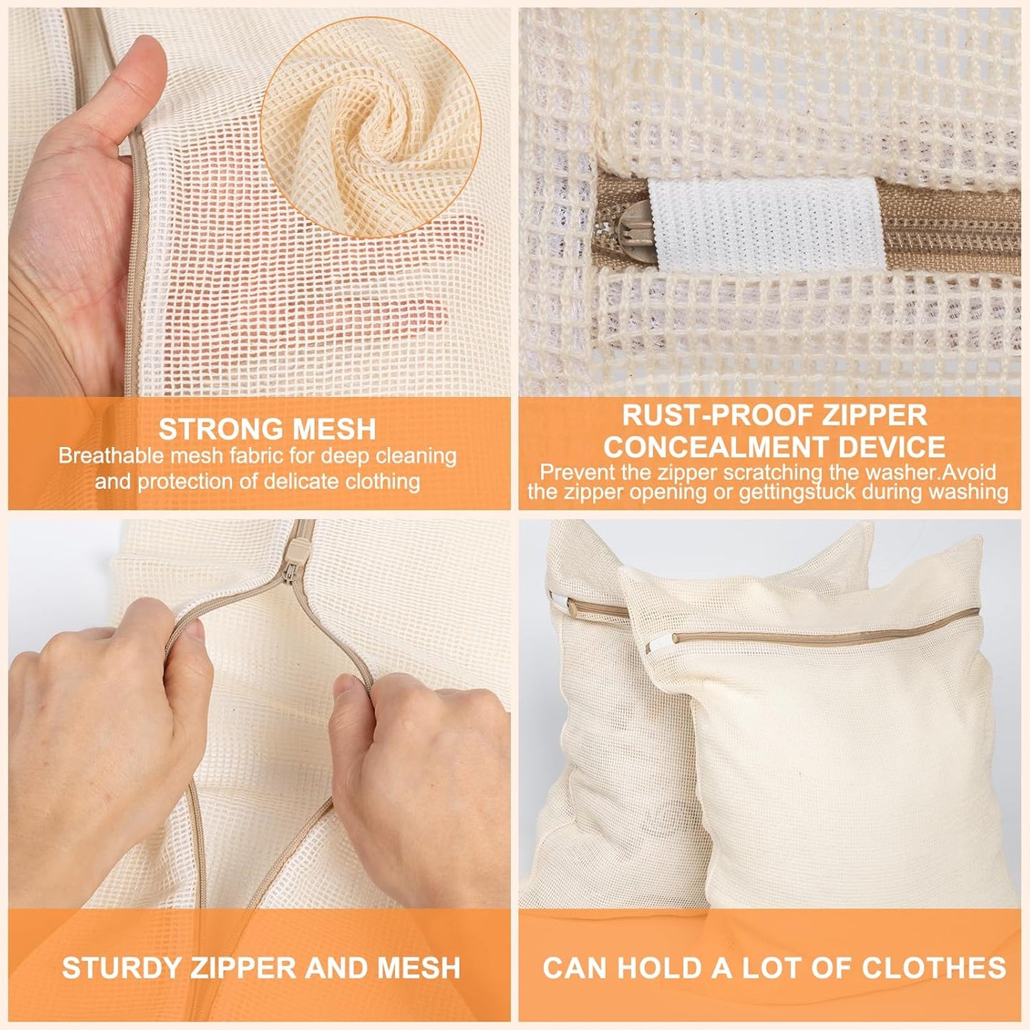 4-Piece Large Durable Organic Cotton Mesh Laundry Bags with Sturdy Zippers and Breathable Mesh are