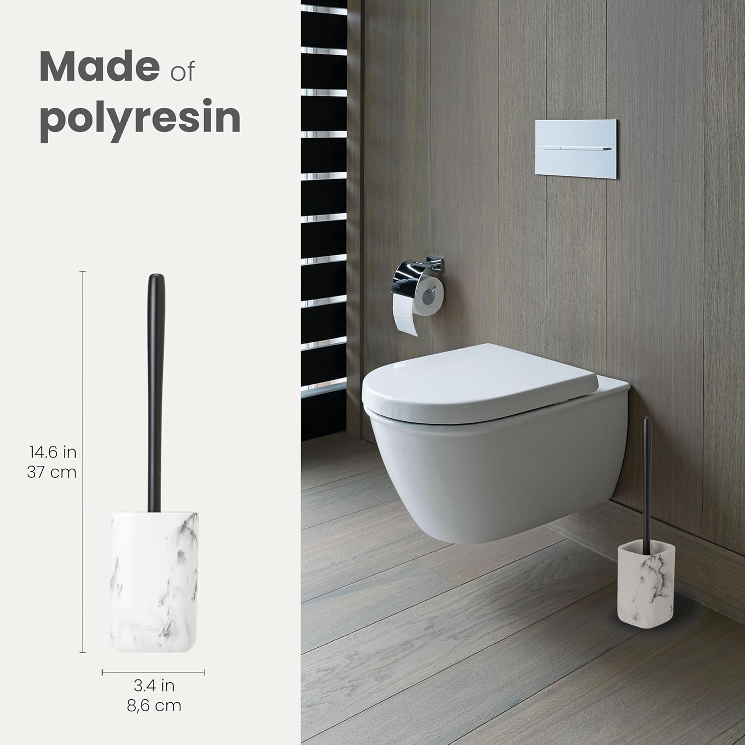 Vigar Zense Toilet Brush and Holder Set, Toilet Bowl Brush with Polyresin Stone Holder, Bathroom
