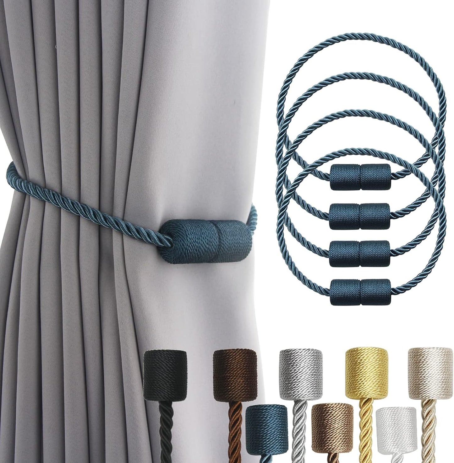 4 Pack Blue Strong Magnetic Curtain Tiebacks Outdoor Elegant Decorative Tie Backs Modern Rope