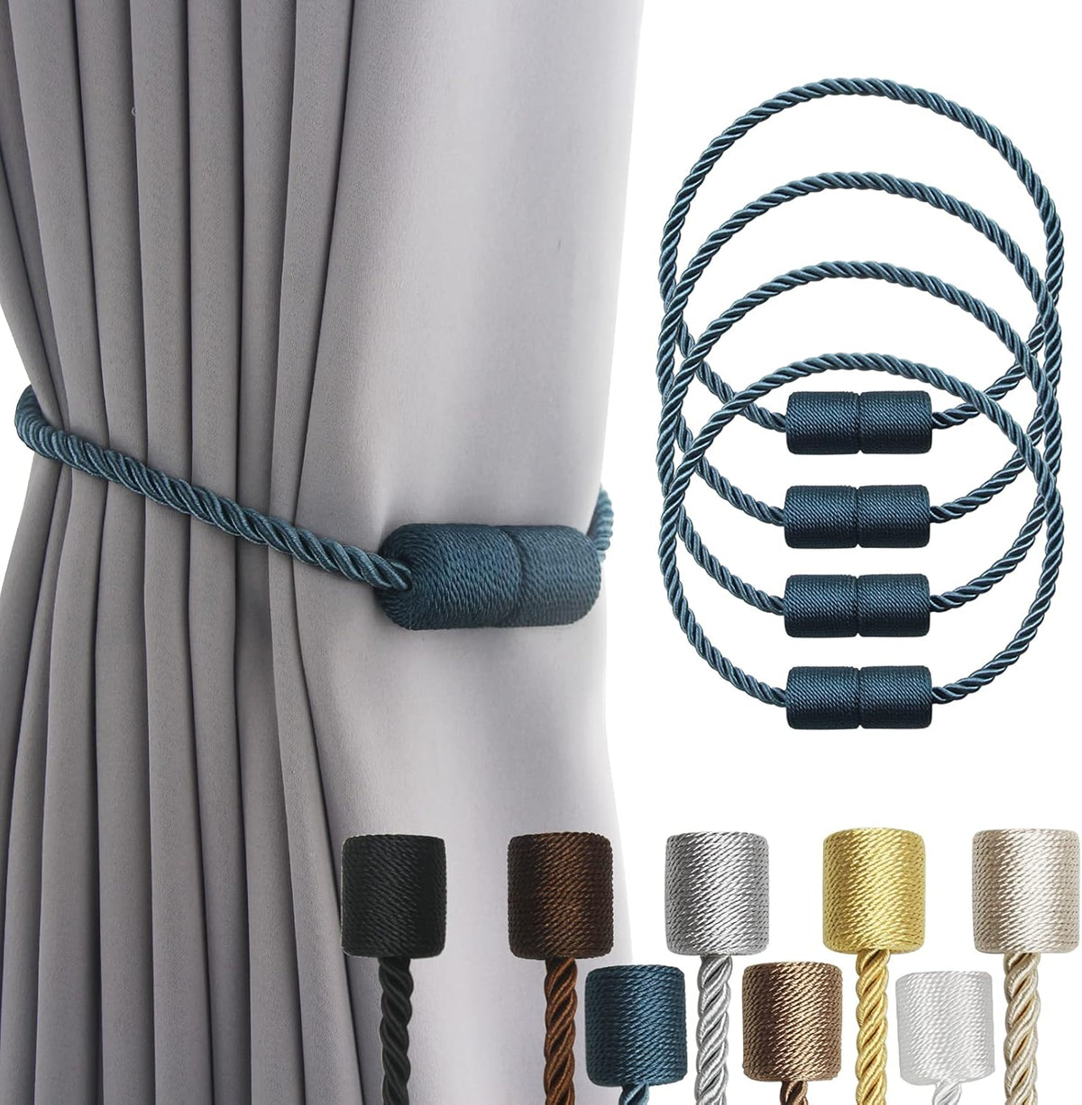4 Pack Blue Strong Magnetic Curtain Tiebacks Outdoor Elegant Decorative Tie Backs Modern Rope