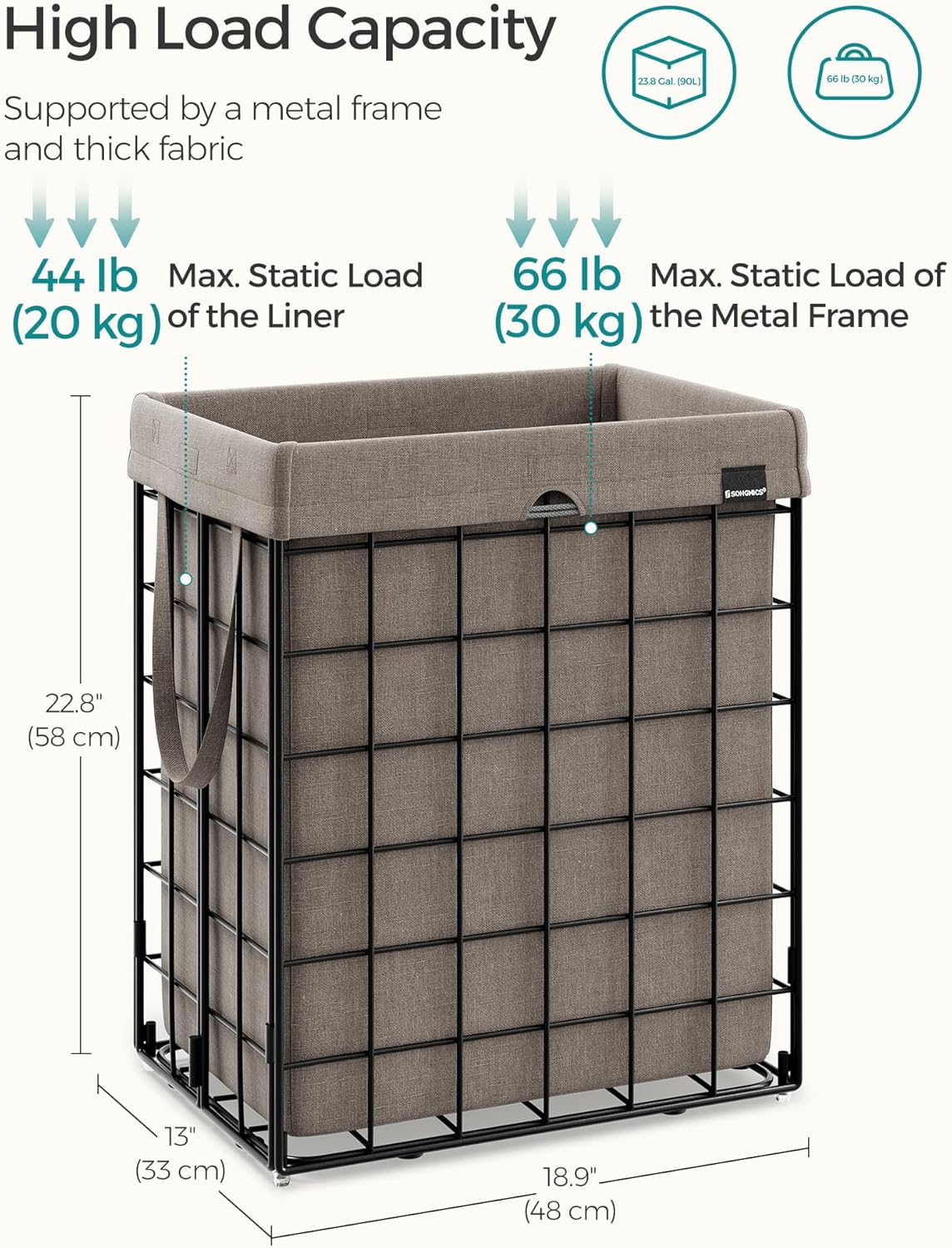SONGMICS Laundry Hamper, 23.8 Gal. (90L) Laundry Basket, Collapsible Clothes Hamper, Removable and