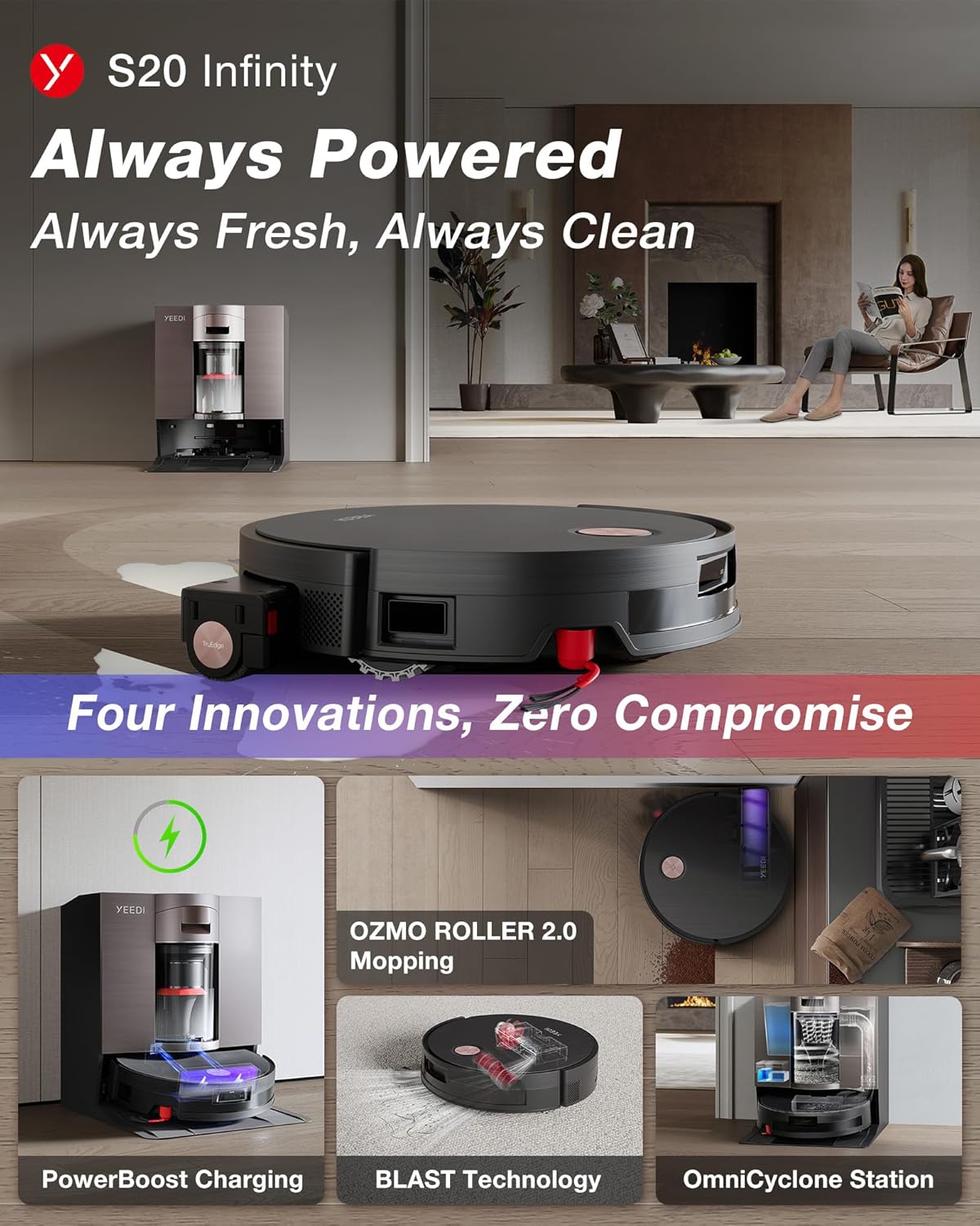Yeedi S20 Infinity Robot Vacuum&Mop with 19,500Pa Blast Suction, PowerBoost Charging, OZMO Roller