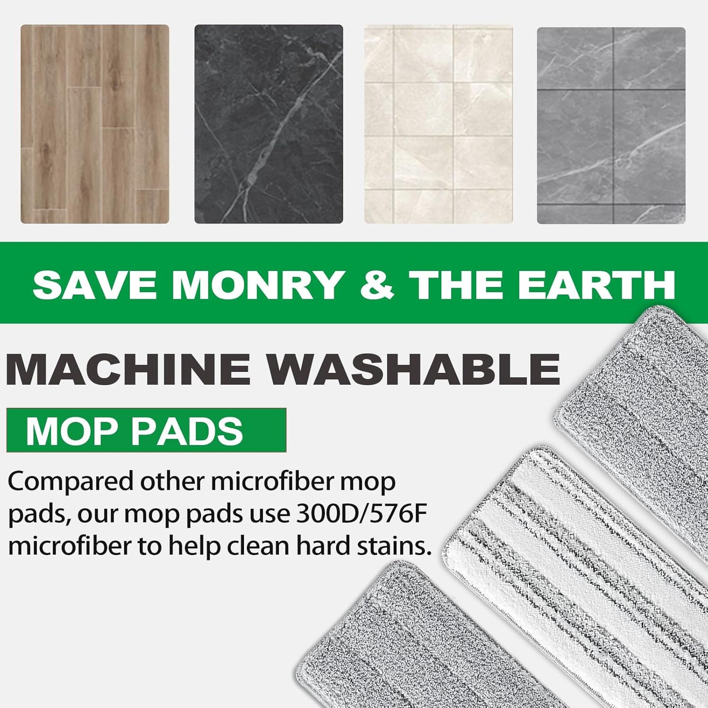 Flat Mop Pads, 5 Pack 13" X 4.9" Flat Mop Microfiber Mop Head/Refill/Pad, Washable Squeeze Cleaning