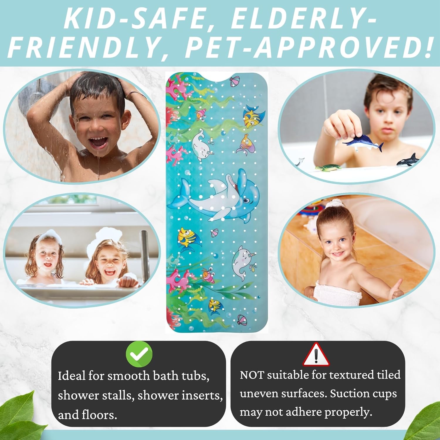 ENKOSI Bath Mat Long 40x16 – Non-Slip Bathtub Mat with Secure Suction Cups & Drain Holes with Fun