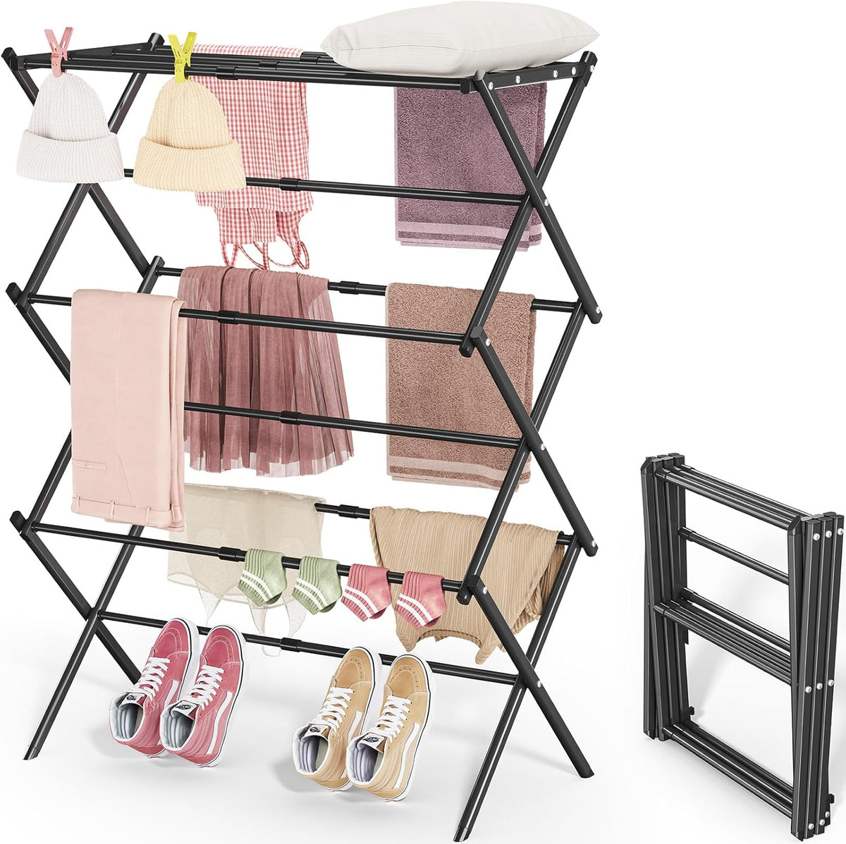 APEXCHASER Clothes Drying Rack, 3-Tier Laundry Drying Rack for Clothes, Expandable Metal Clothing