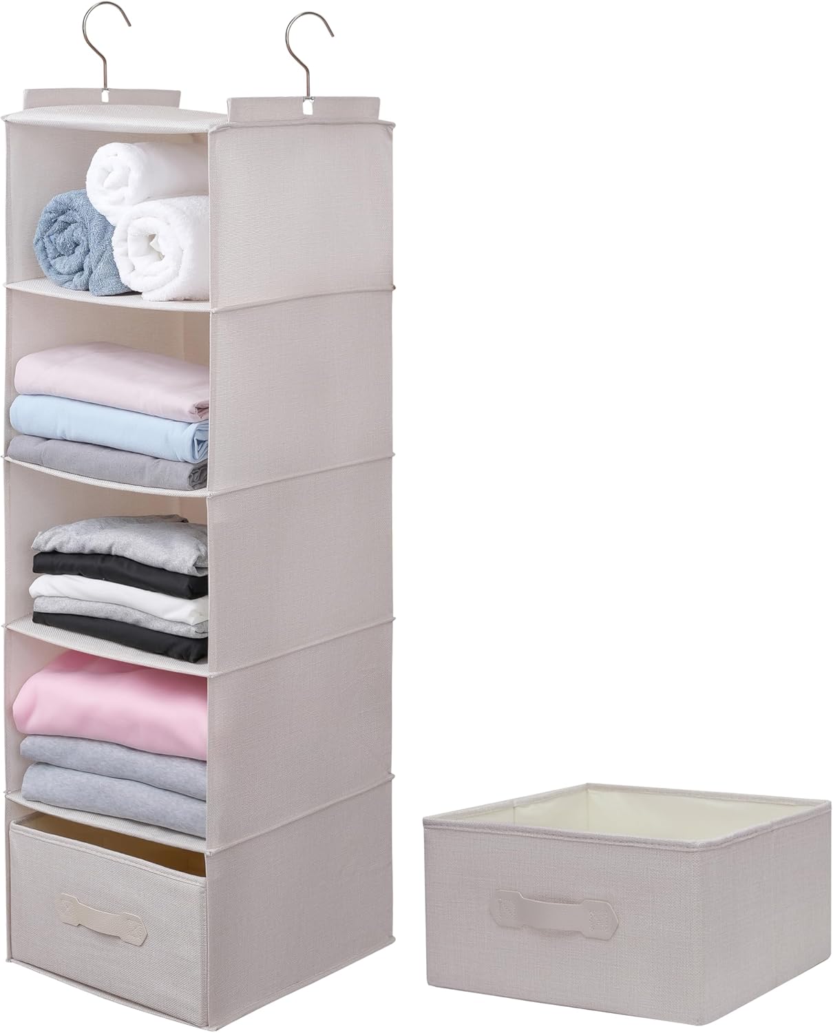 Large Hanging Sweater Organizer for Closet,Collapsible 6-Shelf Hanging Closet Shelves with Drawers