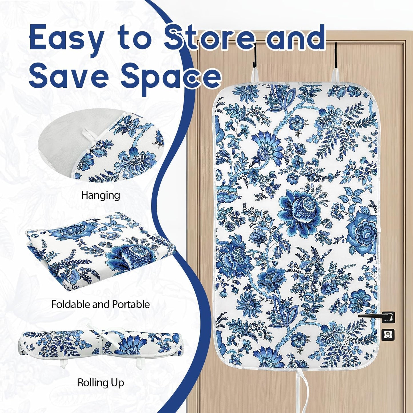 Portable Ironing Mat - 3mm Heat Resistant Padding with 2 Hooks + 1 Insulating Pad for Tabletop or