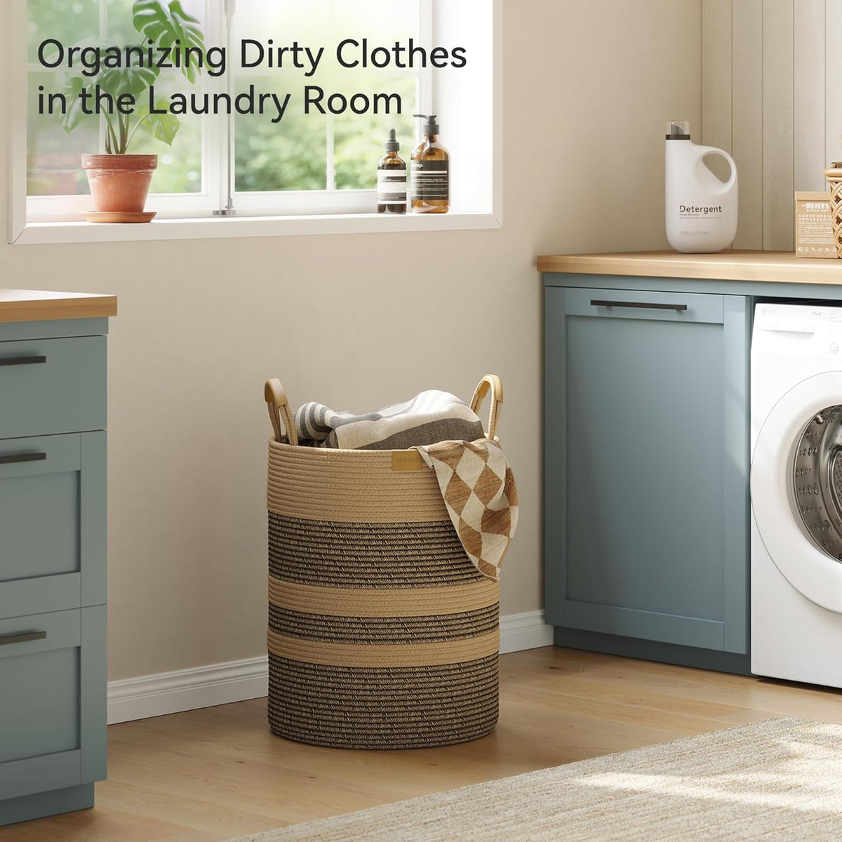 62L Striped Laundry Hamper with Leather Handles,Large Foldable Laundry Basket for Clothes,Cotton