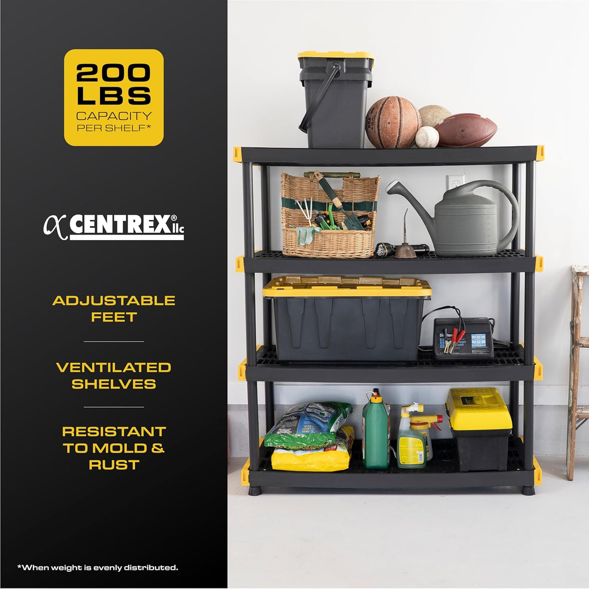 BLACK & YELLOW, 4-Tier Heavy Duty Plastic Storage Shelving Unit, 200lbs/shelf (55"H x 48"W x 20"D)