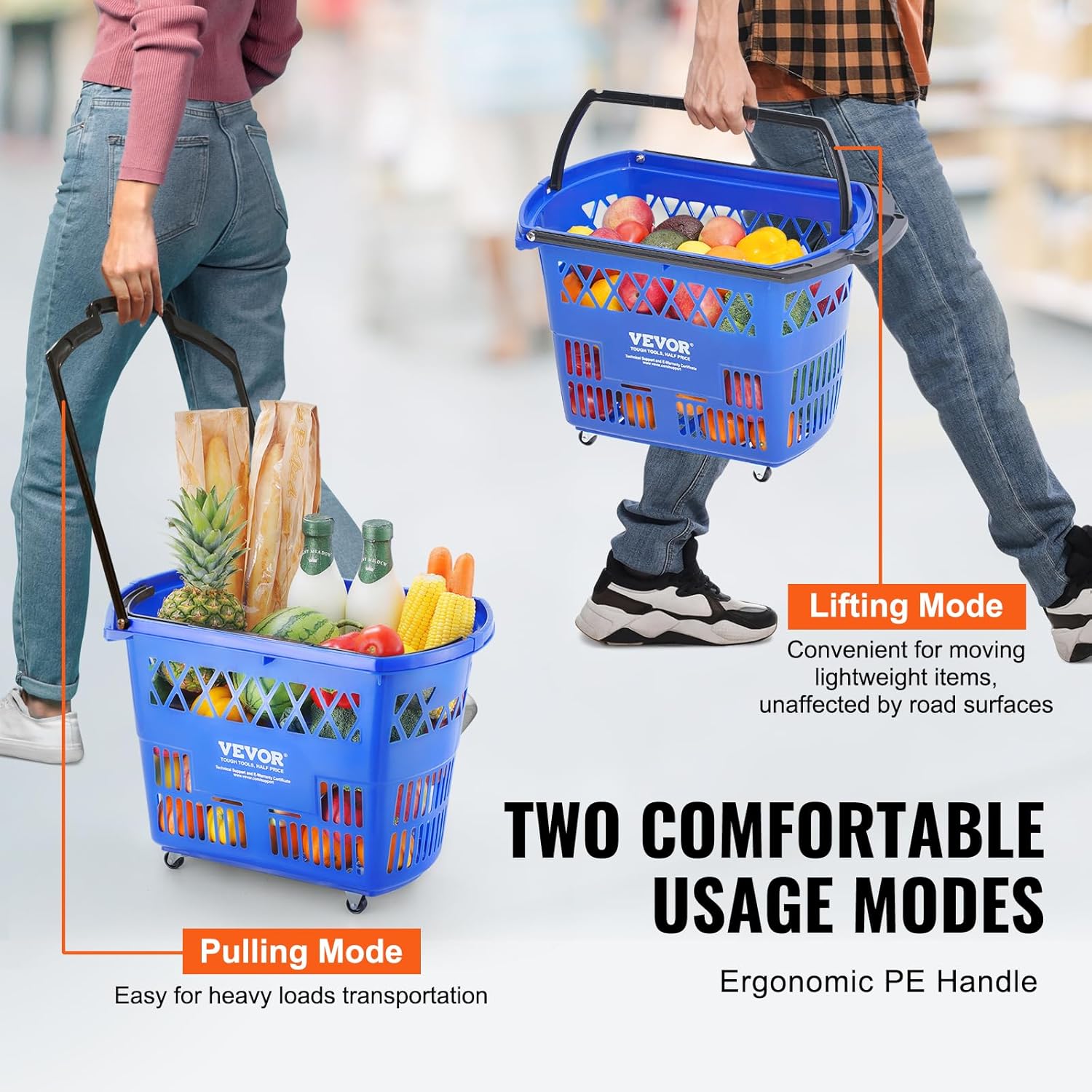 VEVOR Shopping Carts with Handles, 6PCS, 39L Plastic Rolling Shopping Basket with Wheels, Large