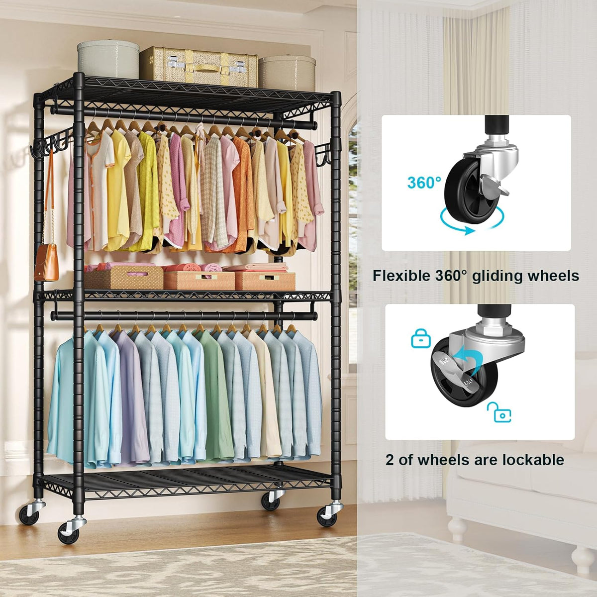 FUTASSI P1 Plus Rolling Clothes Rack, 22mm Diameter Heavy Duty Garment Rack with Wheels, Portable