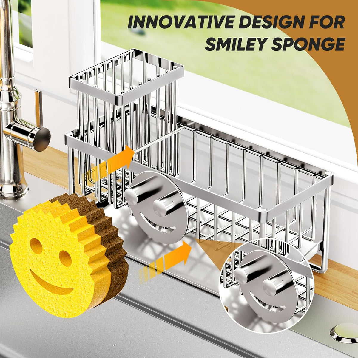 Sponge Holder for Kitchen Sink,Smiley Face Sink Caddy with Removable Brush Holder,Self-Draining