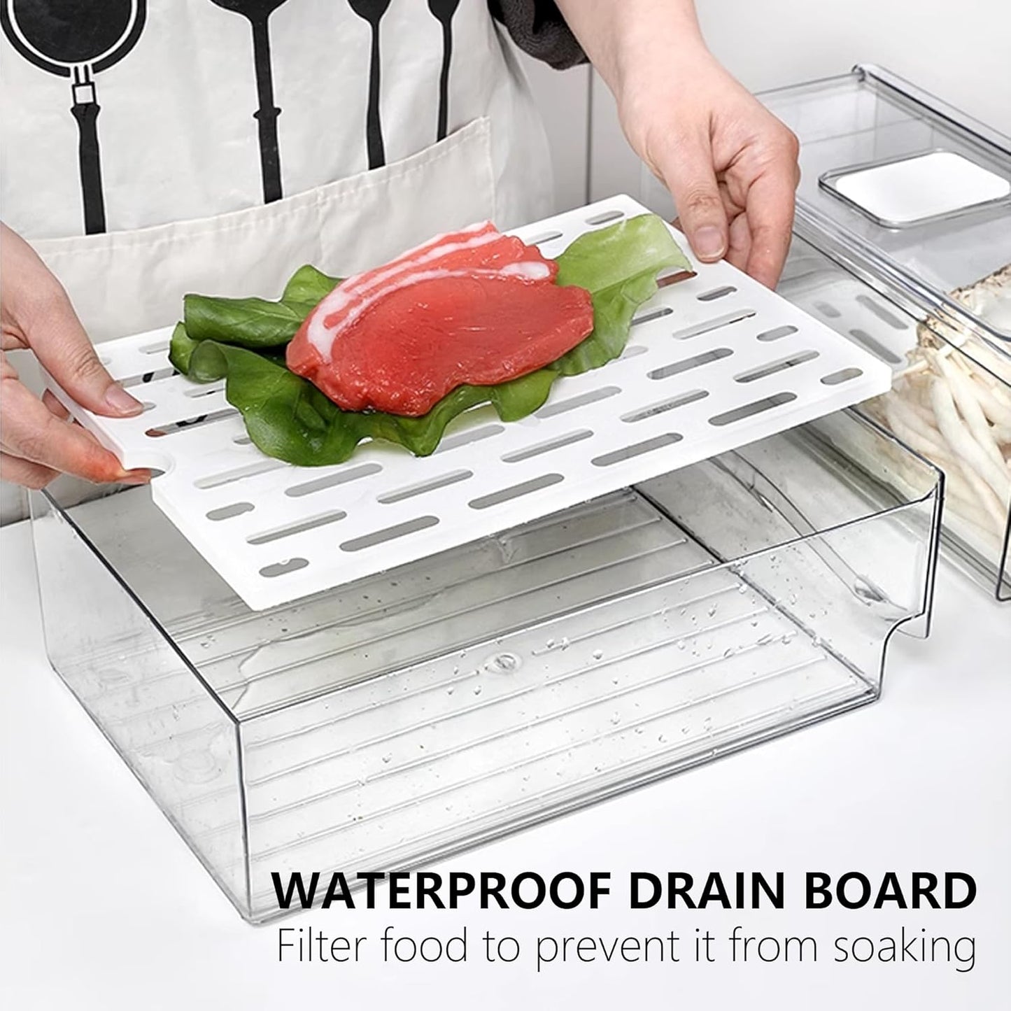 2 Pack Fruit Storage Containers for Fridge with Drain Board, Stackable Refrigerator Organizers and
