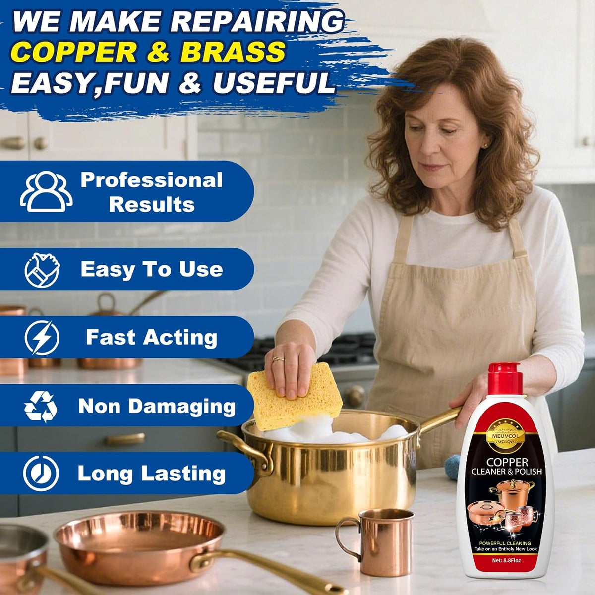 Copper & Brass Cleaner and Polish – 17.6 Oz Gentle Copper Polishing Cream for Pots, Pans, Sinks