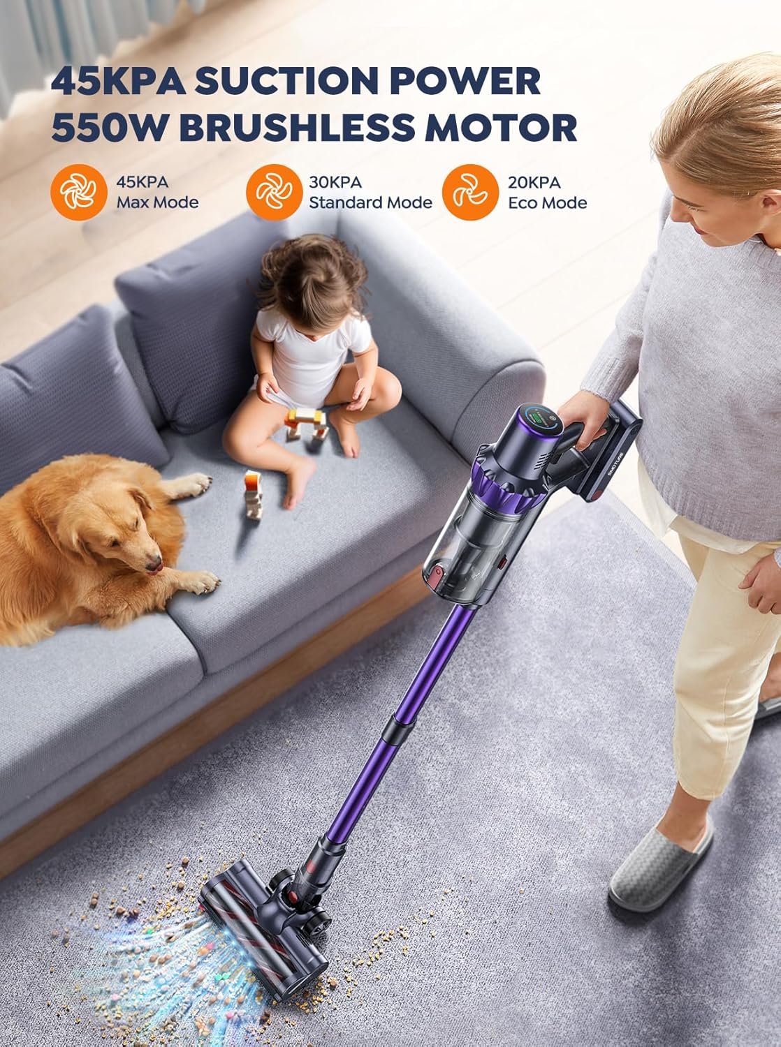 Cordless Vacuum Cleaner, 2 Batteries 110 Mins Runtime Vacuum Cleaners for Home, 45KPA 550W Stick
