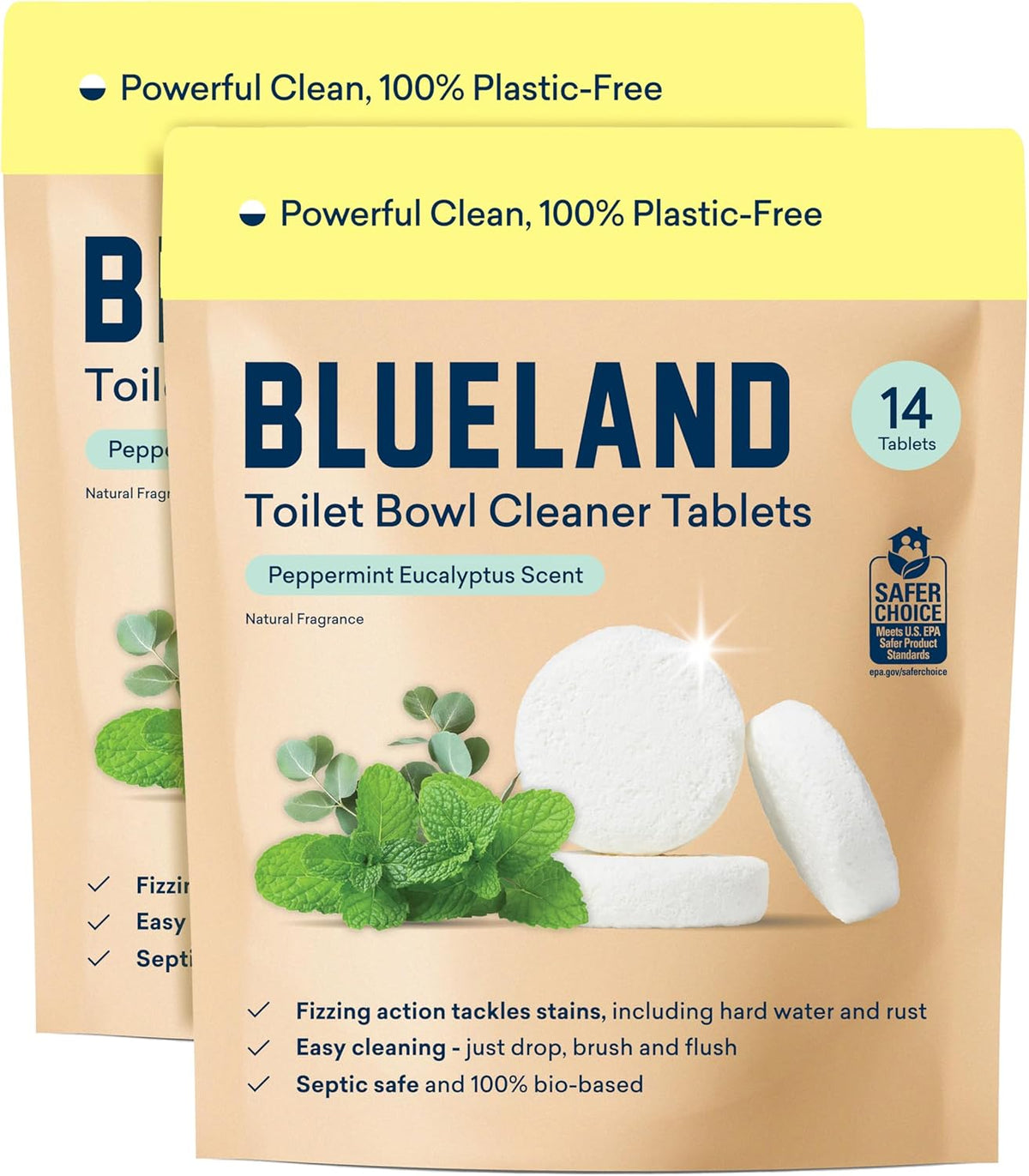 BLUELAND Toilet Bowl Cleaner Tablets, 2-Pack, 28 Count, Peppermint Eucalyptus, Plastic-Free, No