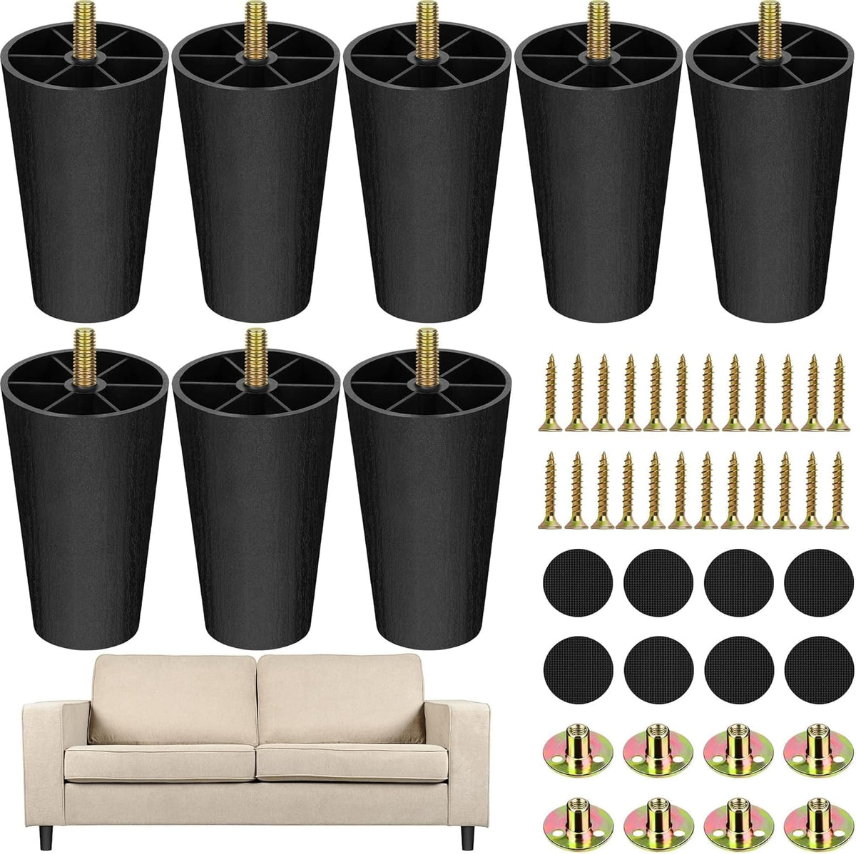 TURSTIN 8 Pack 4 Inch Plastic Furniture Legs with M8 T-Nuts Screws Tapered Sofa Couch and Chair