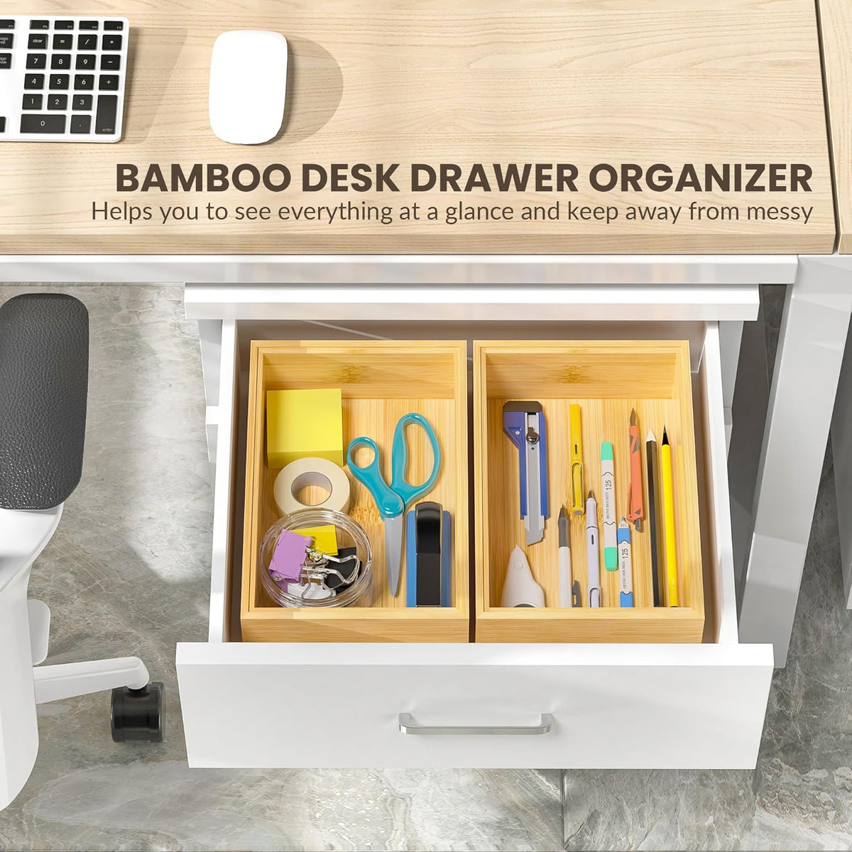 Kitchen Drawer Organizer Bins, Stackable Bamboo Drawer Organizer for Silverware, Flatware, Deep