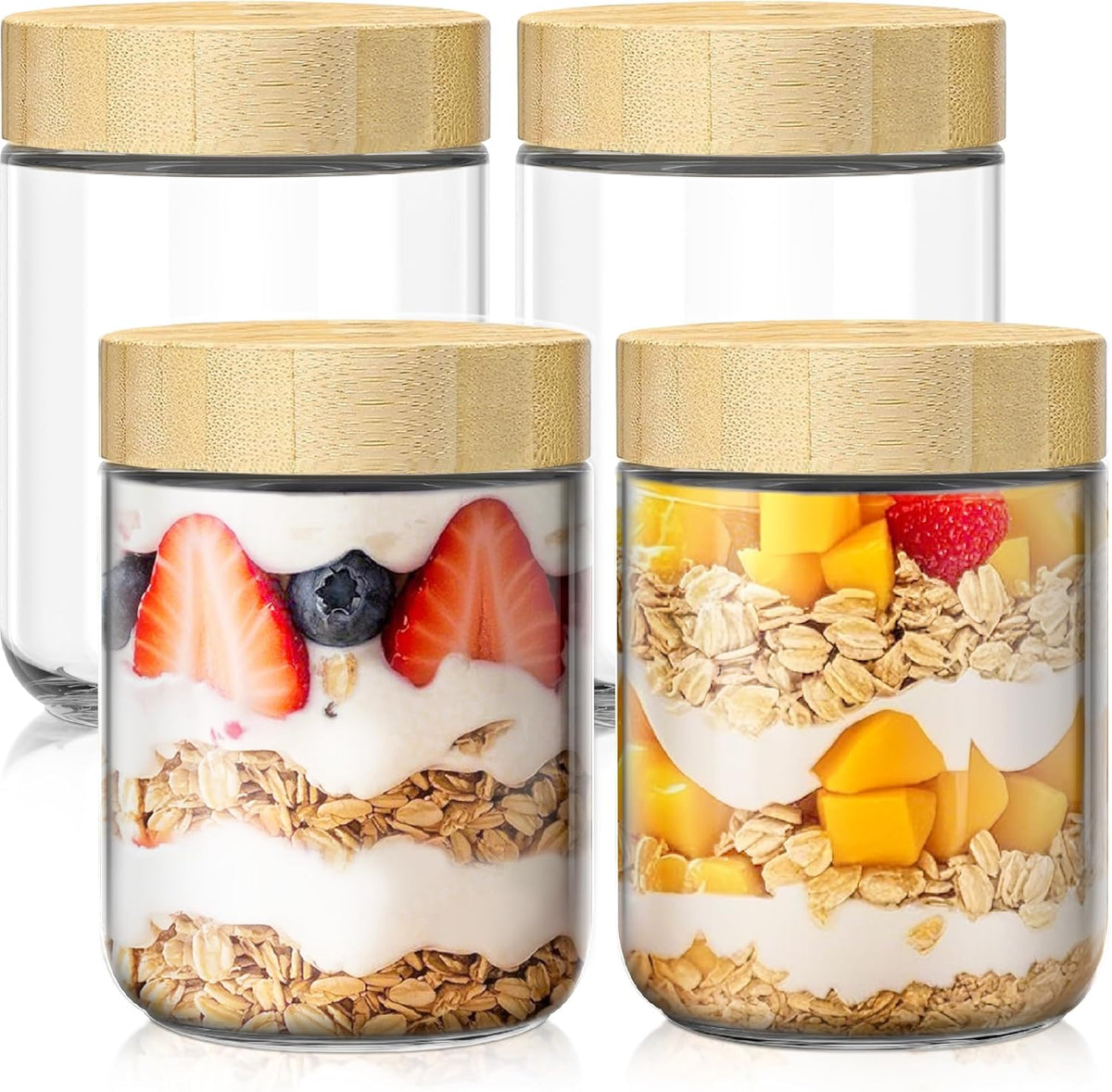 4 pack 16oz Overnight Oats Containers with Bamboo Lids, Glass Jars with Airtight Lids for Meal