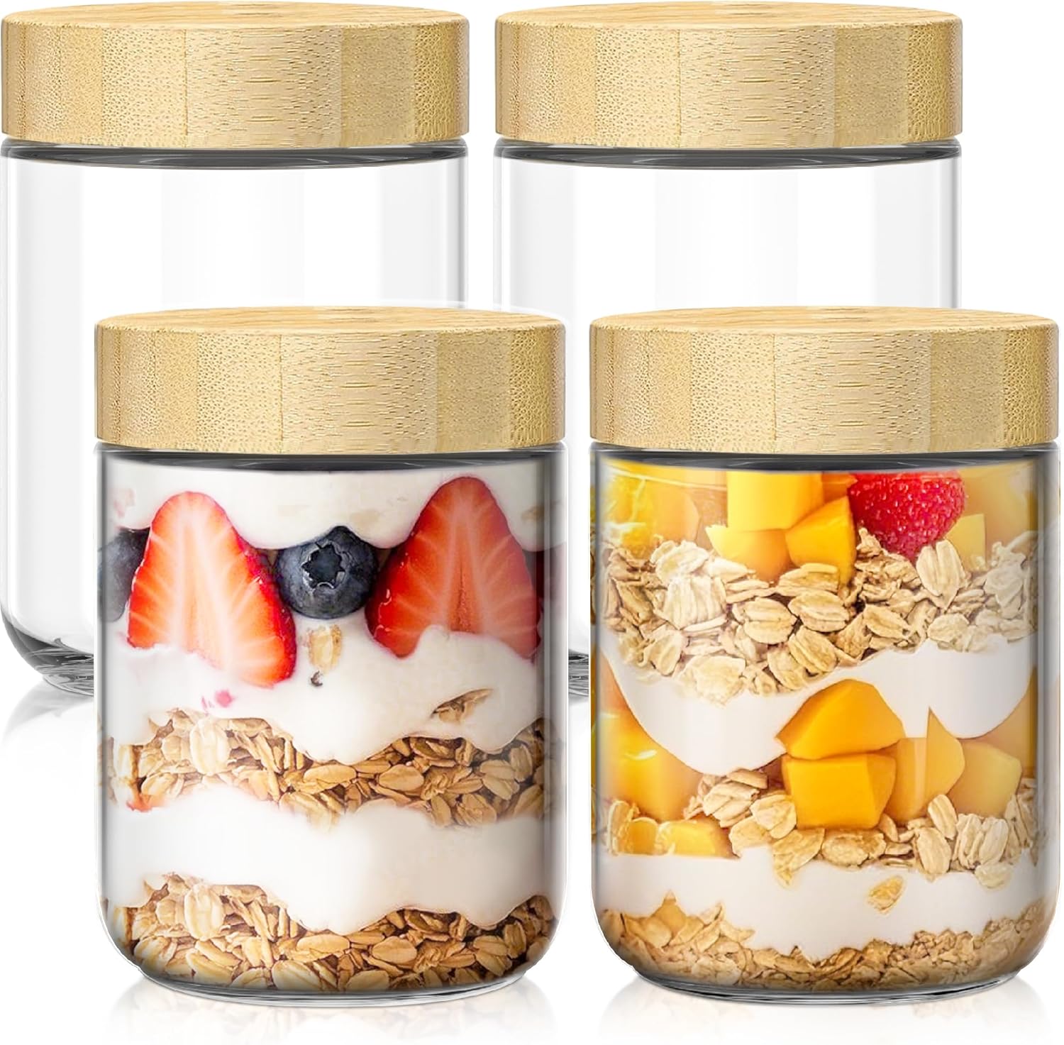 4 pack 16oz Overnight Oats Containers with Bamboo Lids, Glass Jars with Airtight Lids for Meal