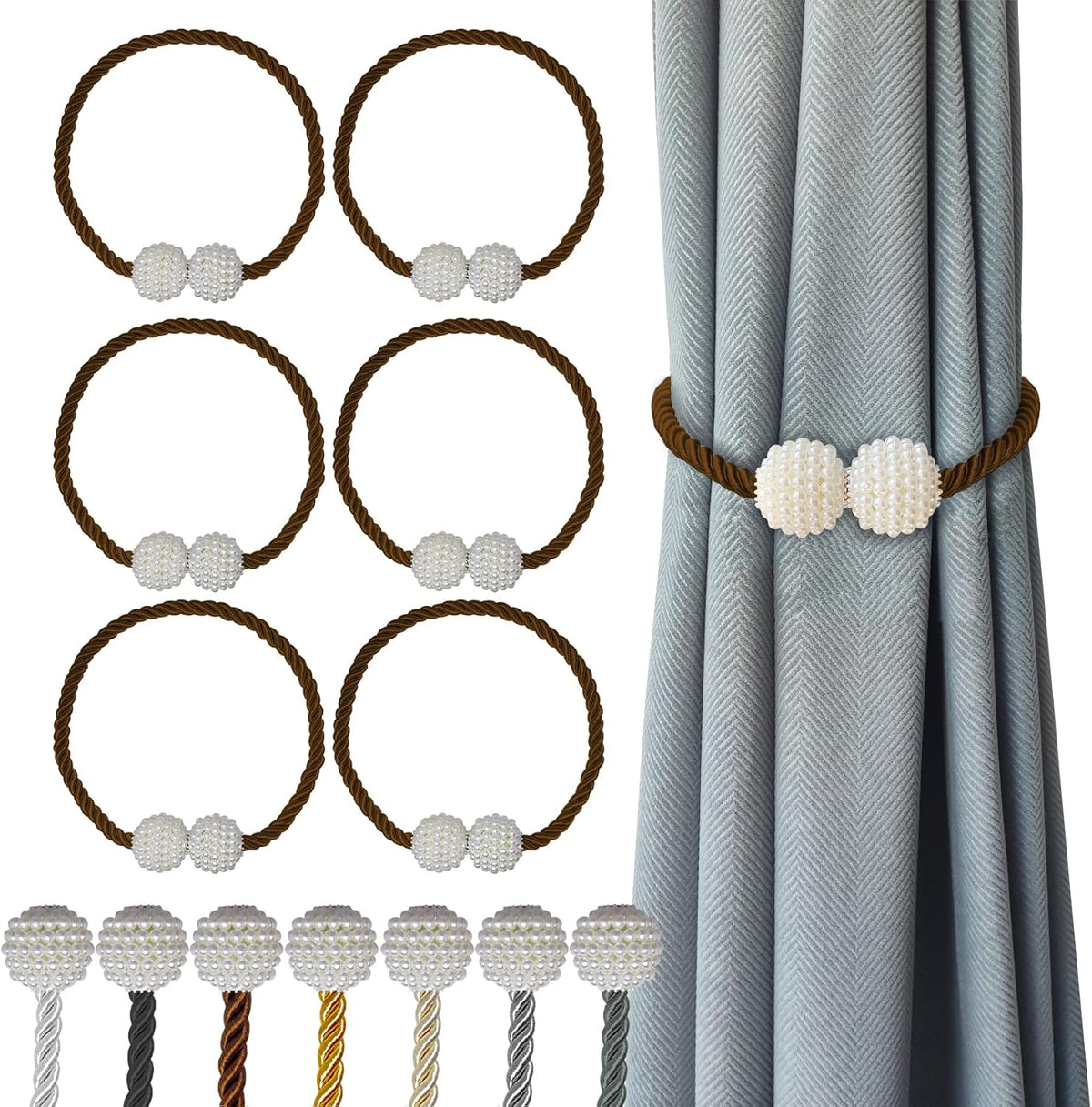 Hion Magnetic Curtain Tiebacks Dark Brown 6 Pack, Curtain Tiebacks Buckles Holdbacks Holders Hooks