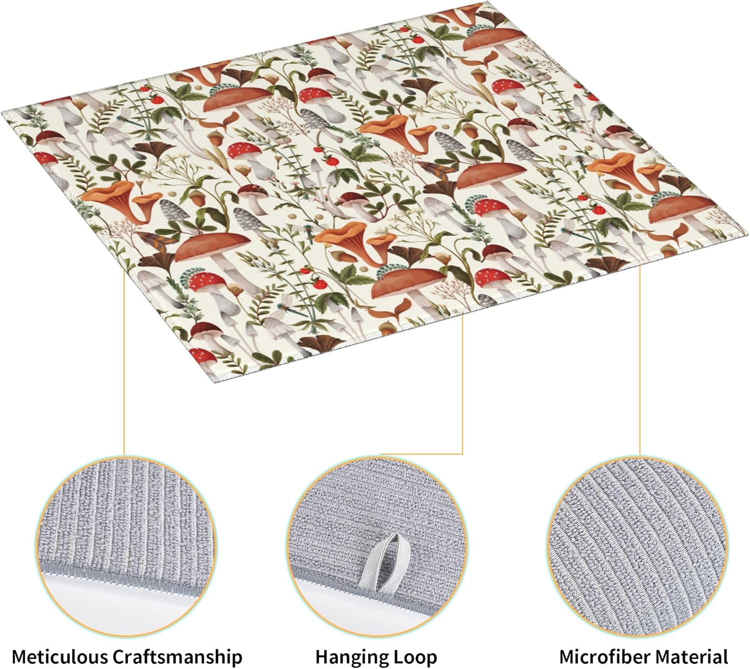 Boho Mushroom Decor Dish Drying Mat for Kitchen Counter Botanic Plant Beige Dish Drainer Rack Mats