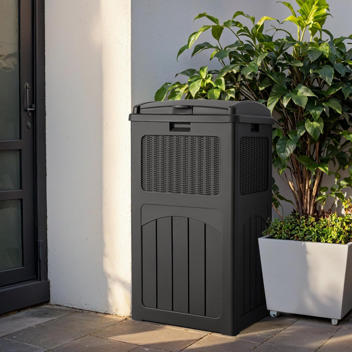 Devoko 33 Gallon Outdoor Trash Can, Hideaway Garbage Bins with Tiered Lid, Waterproof Resin Outside